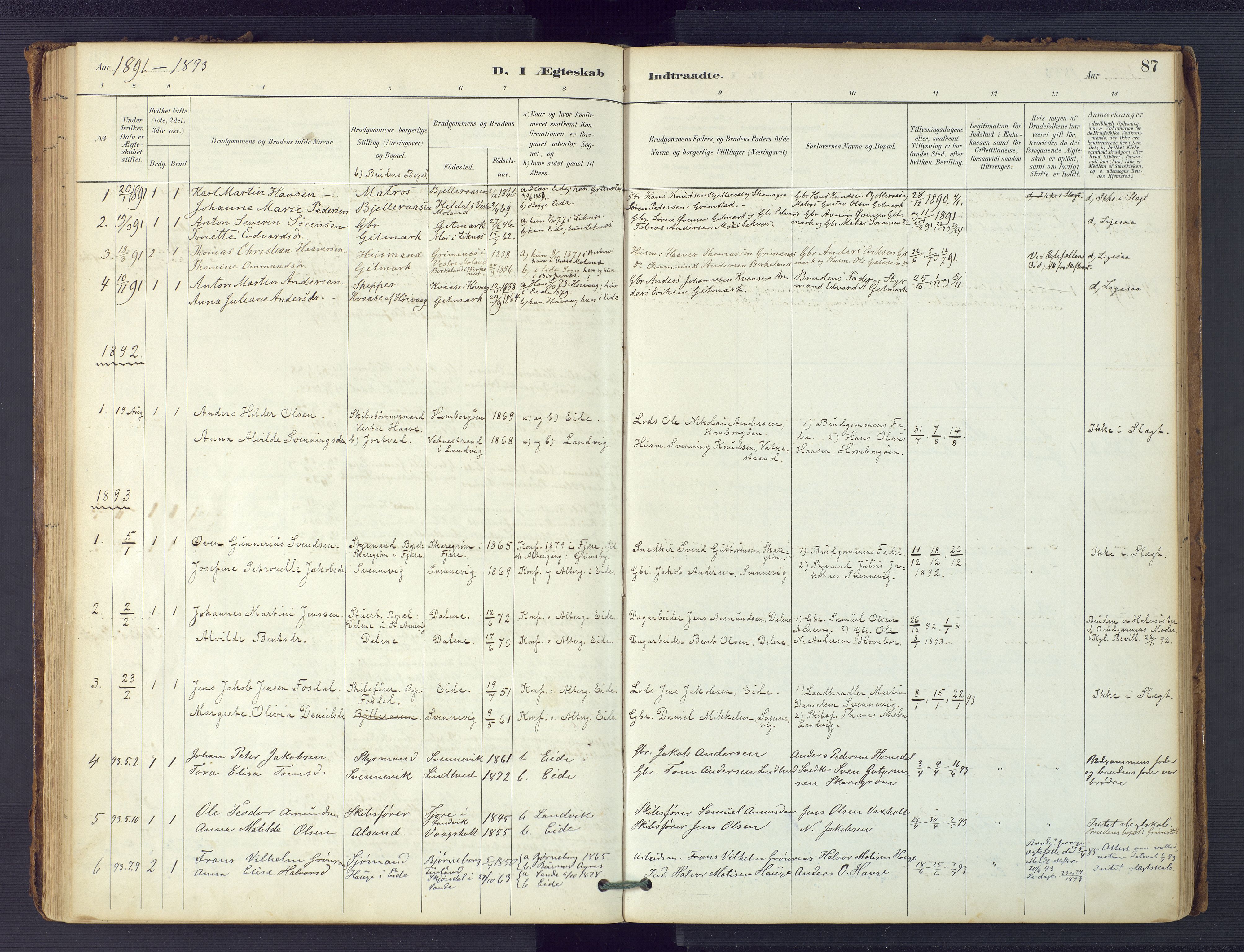 Hommedal sokneprestkontor, SAK/1111-0023/F/Fa/Faa/L0003: Parish register (official) no. A 3, 1885-1916, p. 87