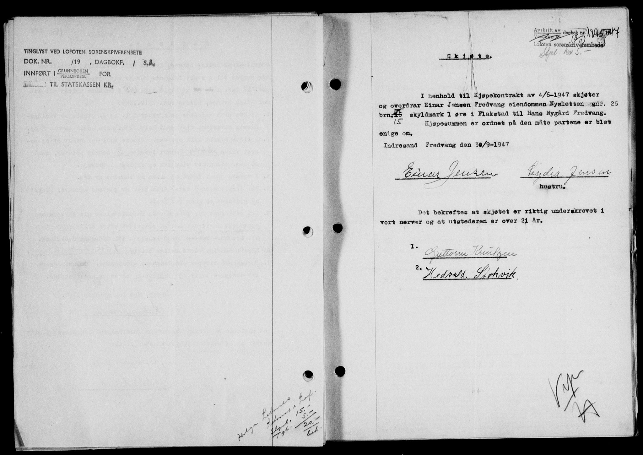 Lofoten sorenskriveri, SAT/A-0017/1/2/2C/L0017a: Mortgage book no. 17a, 1947-1948, Diary no: : 1896/1947