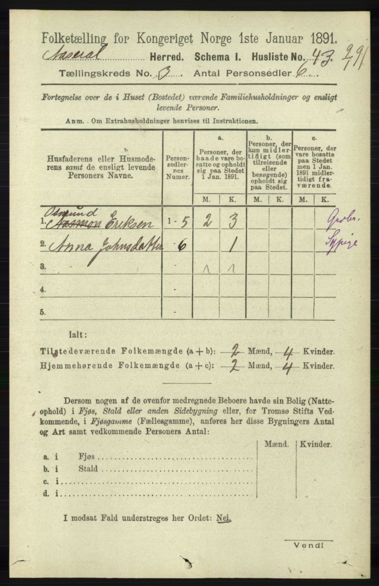 RA, 1891 census for 1026 Åseral, 1891, p. 766