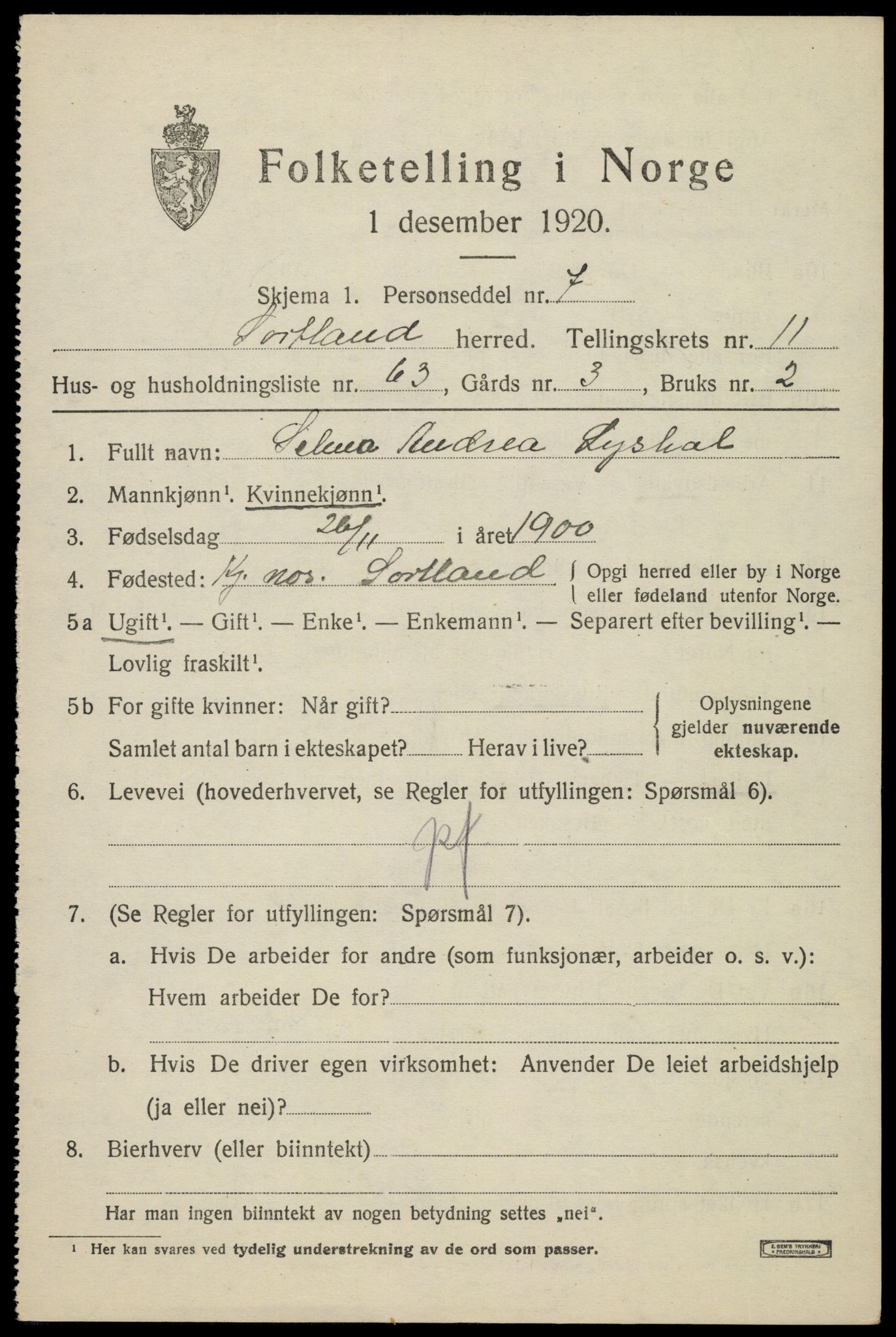 SAT, 1920 census for Sortland, 1920, p. 8948