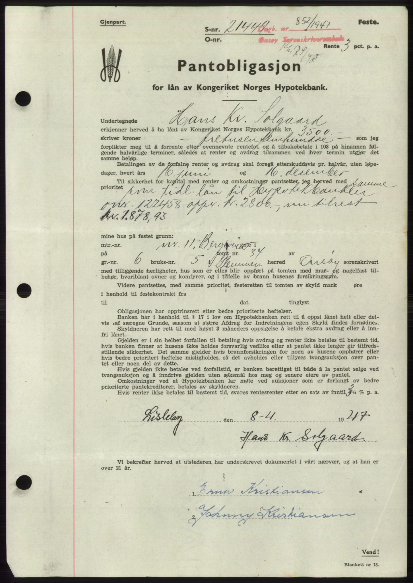 Onsøy sorenskriveri, AV/SAO-A-10474/G/Ga/Gac/L0006: Mortgage book no. B 12-6, 1947-1948, Diary no: : 852/1947