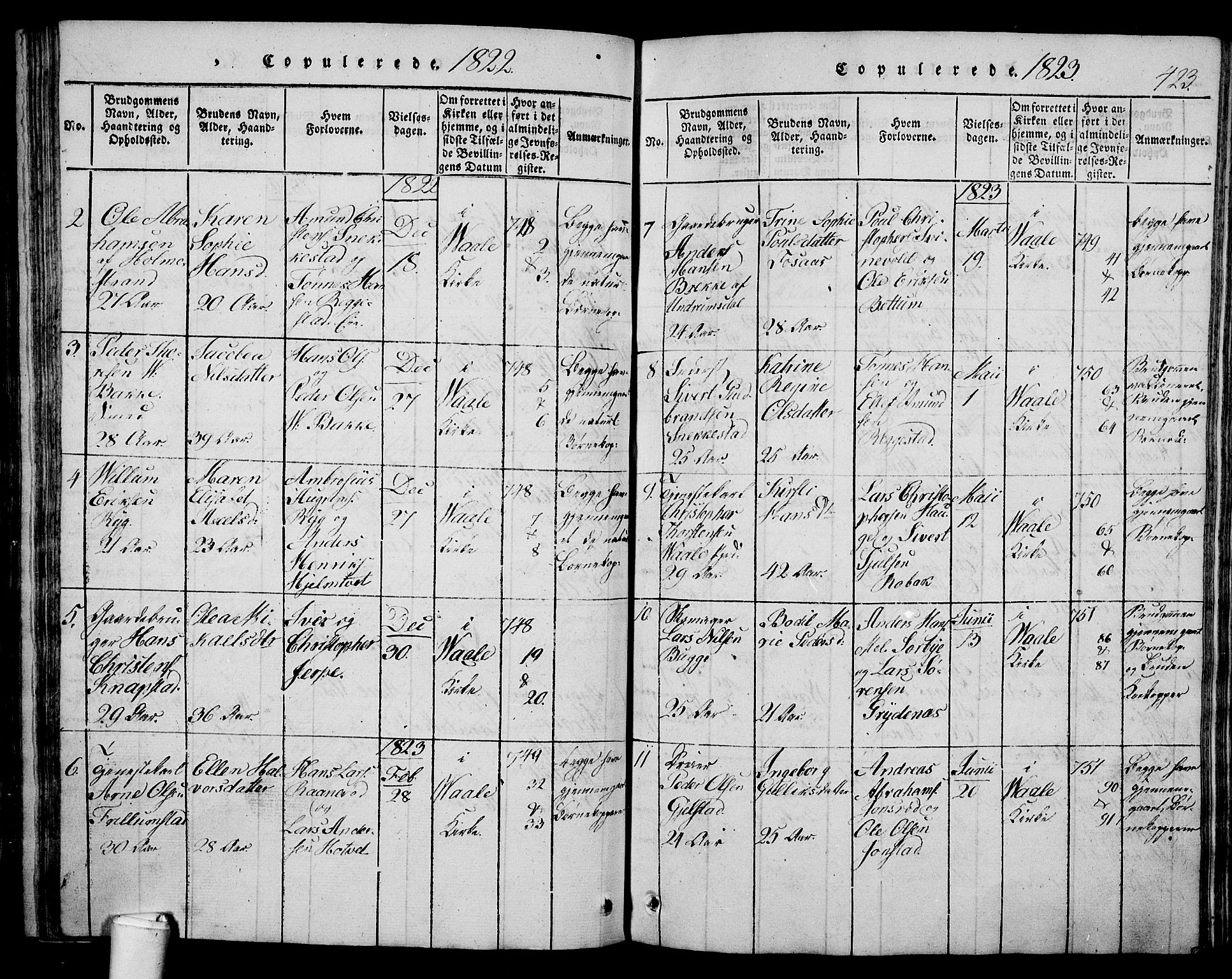 Våle kirkebøker, AV/SAKO-A-334/G/Ga/L0001: Parish register (copy) no. I 1, 1814-1824, p. 422-423