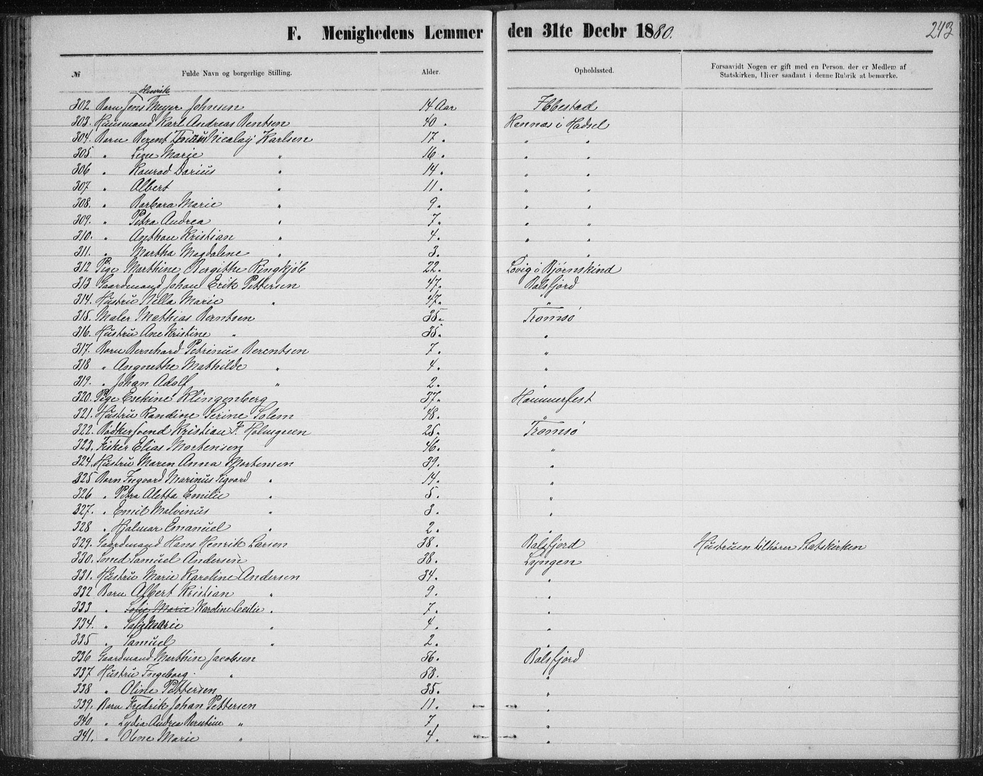 Uten arkivreferanse, SATØ/-: Dissenter register no. DP 3, 1871-1893, p. 243