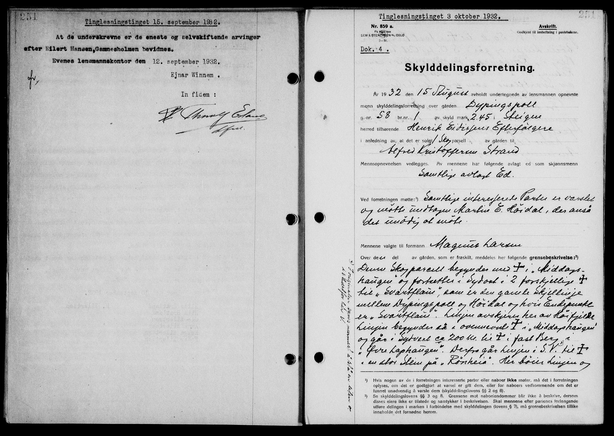 Steigen og Ofoten sorenskriveri, SAT/A-0030/1/2/2C/L0022/0001: Mortgage book no. 25-II og 26-I, 1932-1933, Deed date: 03.10.1932