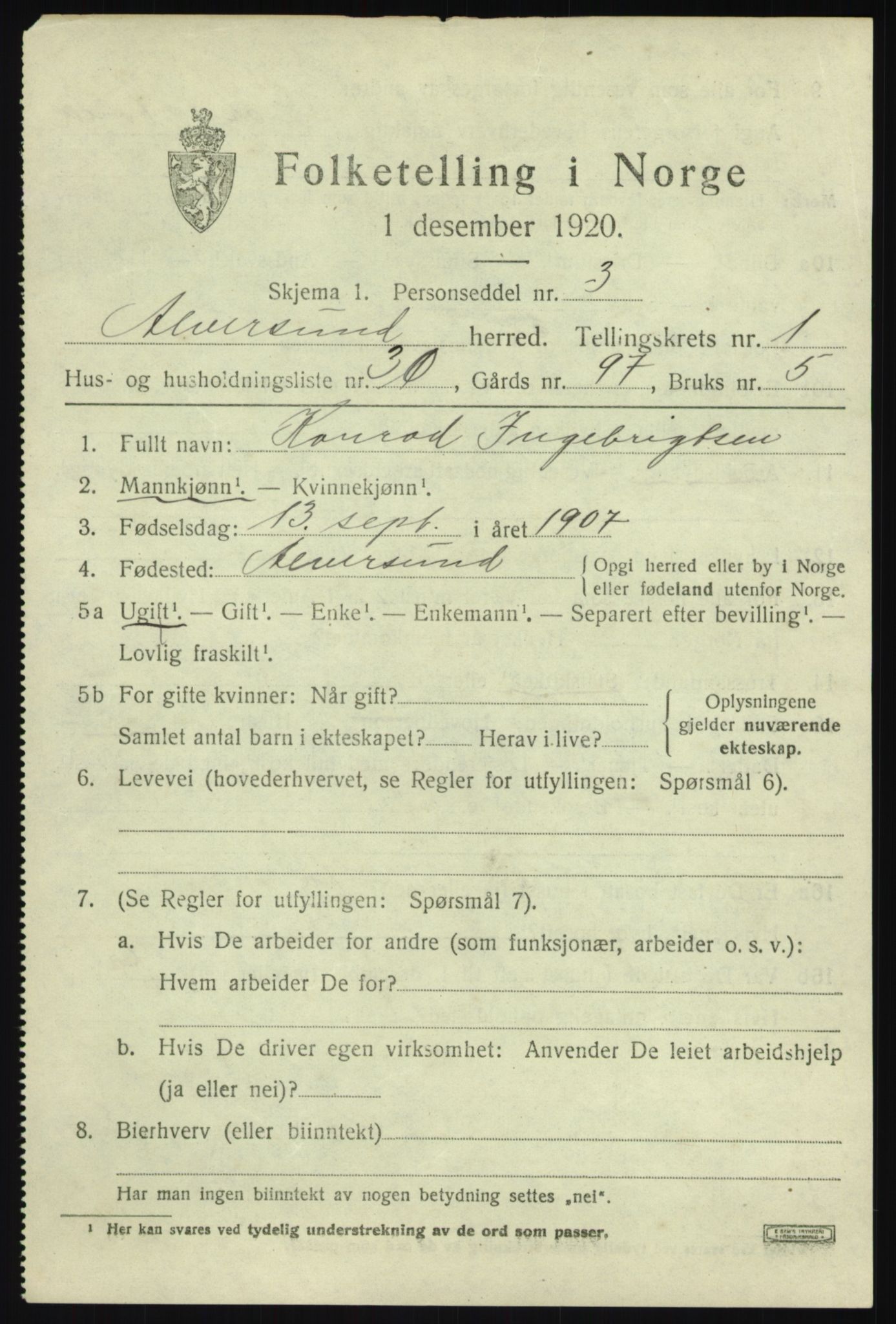 SAB, 1920 census for Alversund, 1920, p. 1534