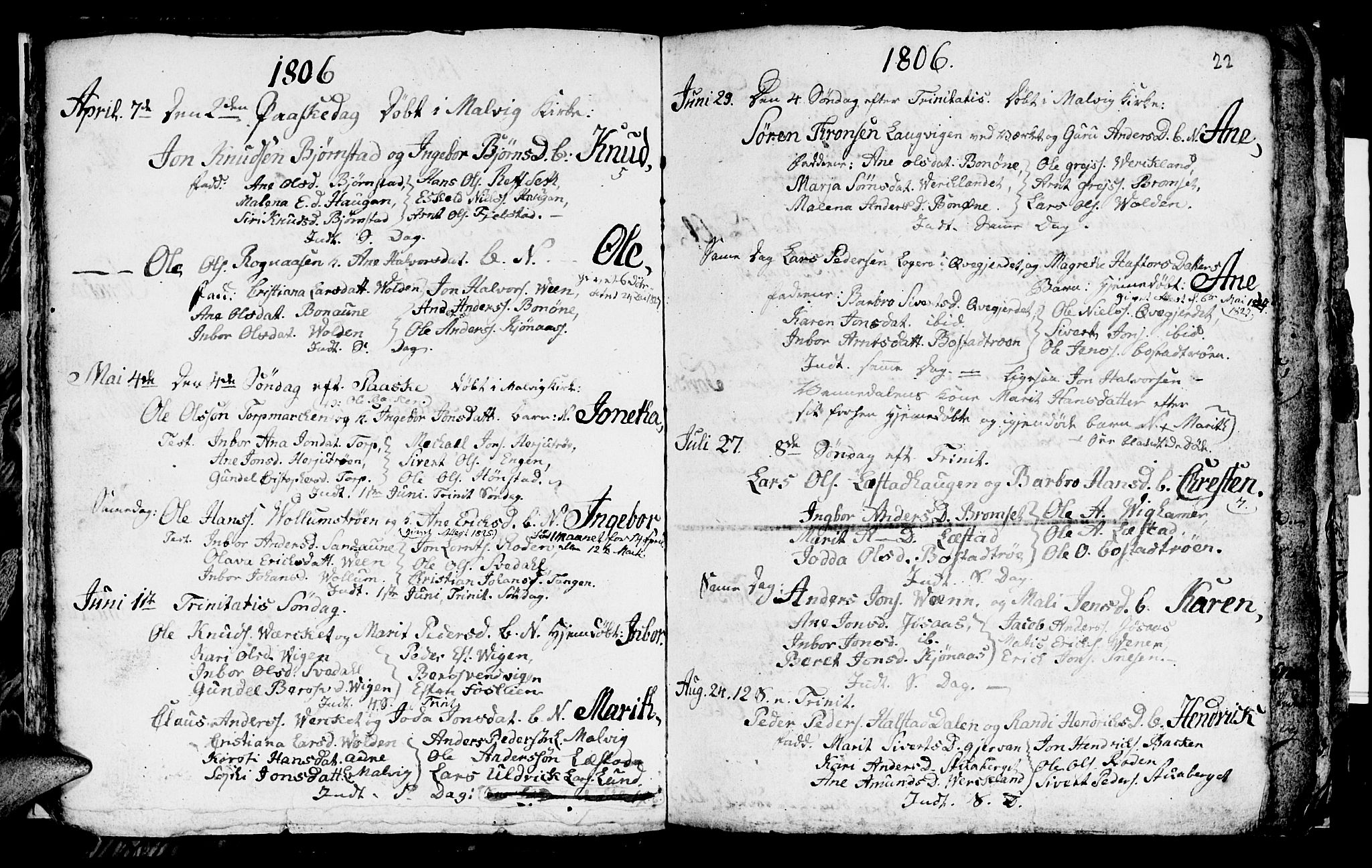 Ministerialprotokoller, klokkerbøker og fødselsregistre - Sør-Trøndelag, SAT/A-1456/616/L0419: Parish register (copy) no. 616C02, 1797-1816, p. 22