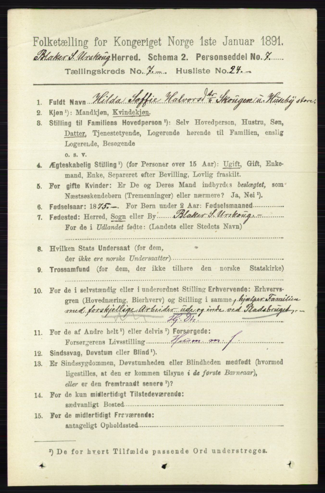 RA, 1891 census for 0224 Aurskog, 1891, p. 3395