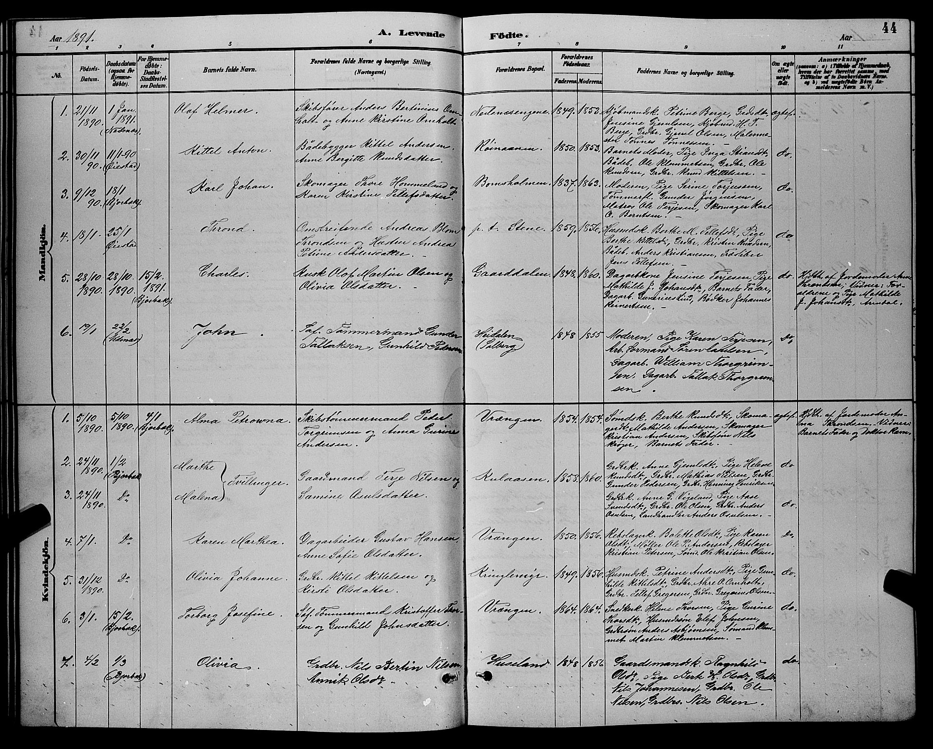 Øyestad sokneprestkontor, AV/SAK-1111-0049/F/Fb/L0009: Parish register (copy) no. B 9, 1886-1896, p. 44