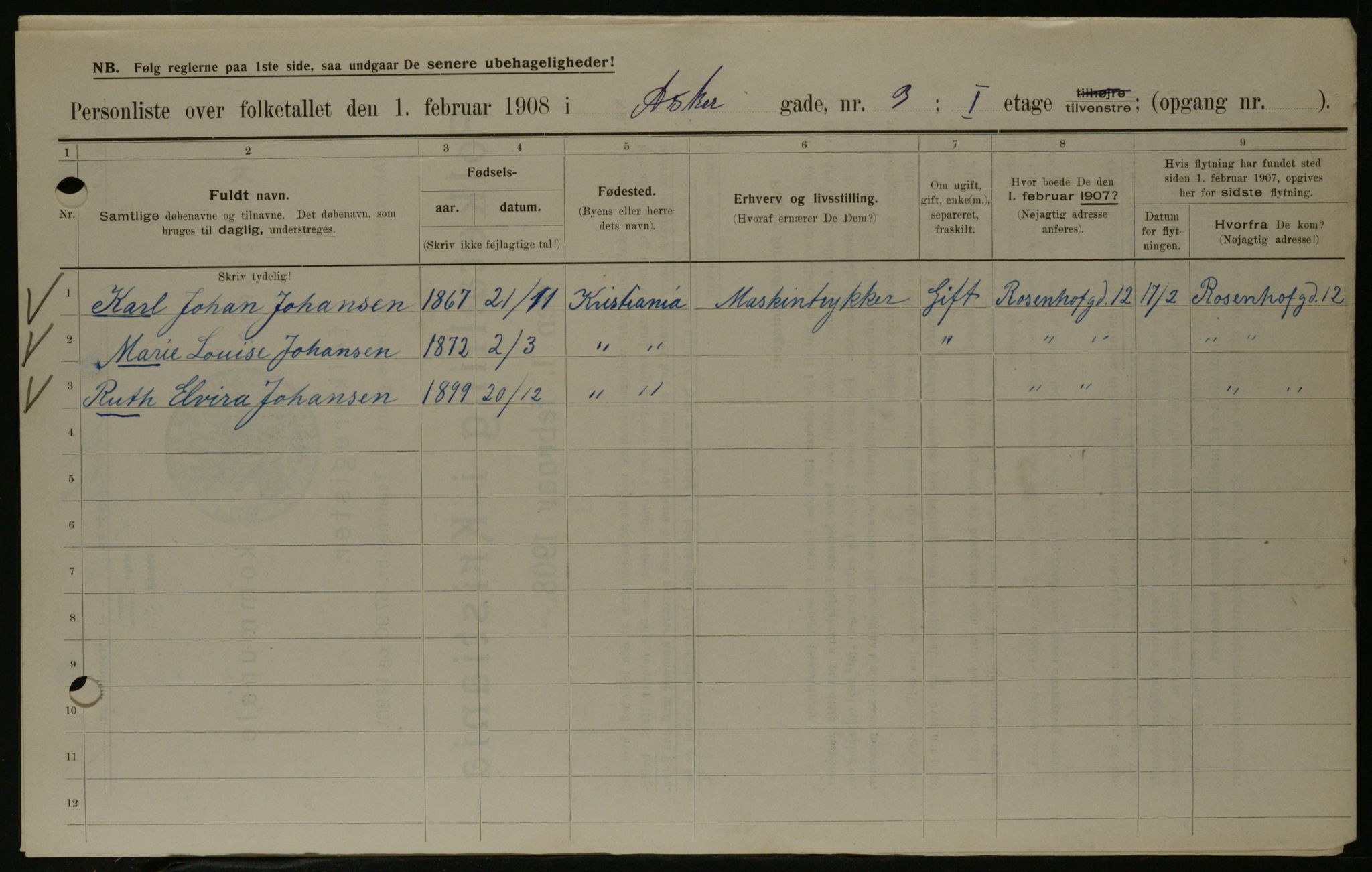 OBA, Municipal Census 1908 for Kristiania, 1908, p. 2627