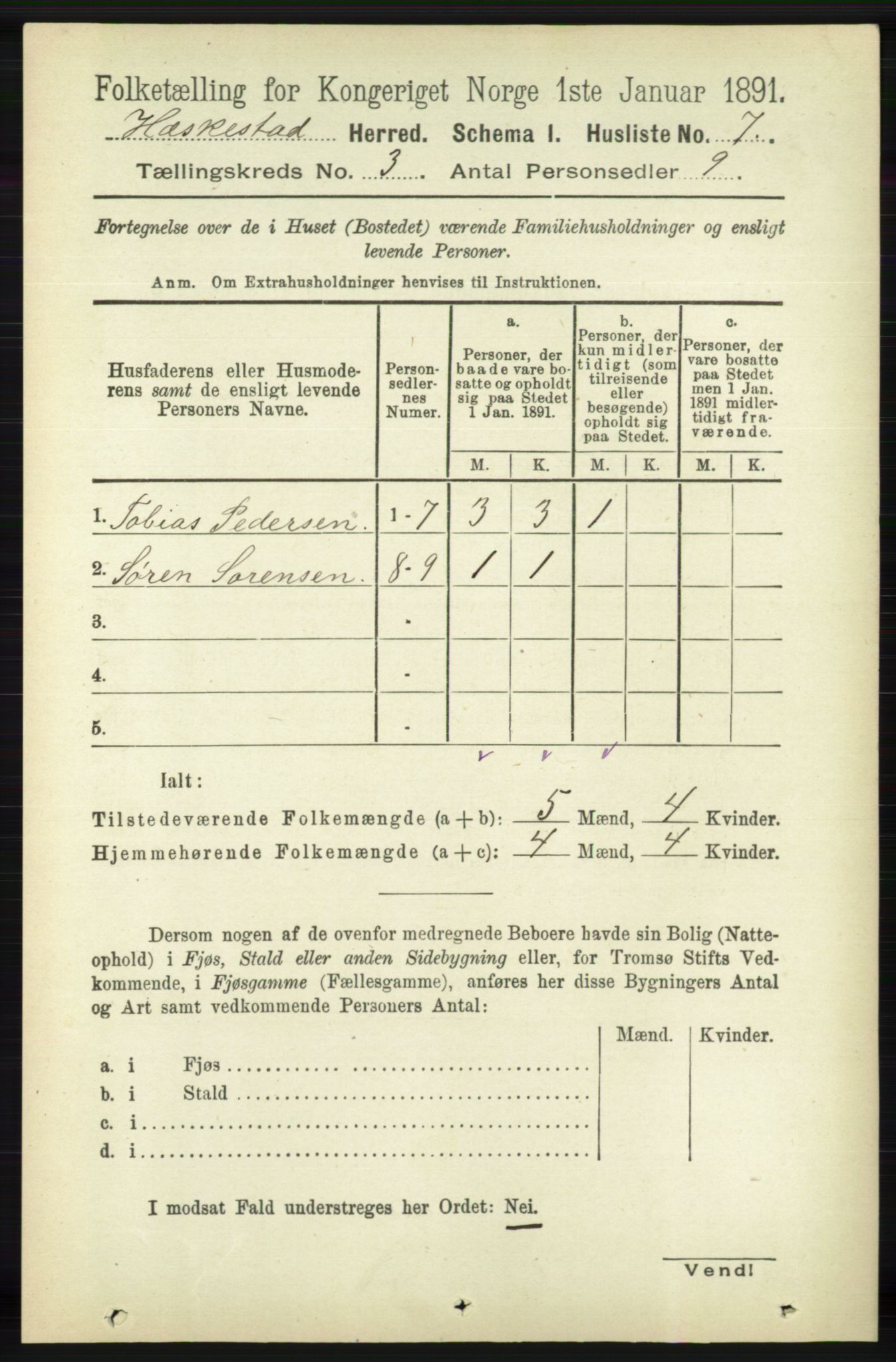 RA, 1891 census for 1113 Heskestad, 1891, p. 398