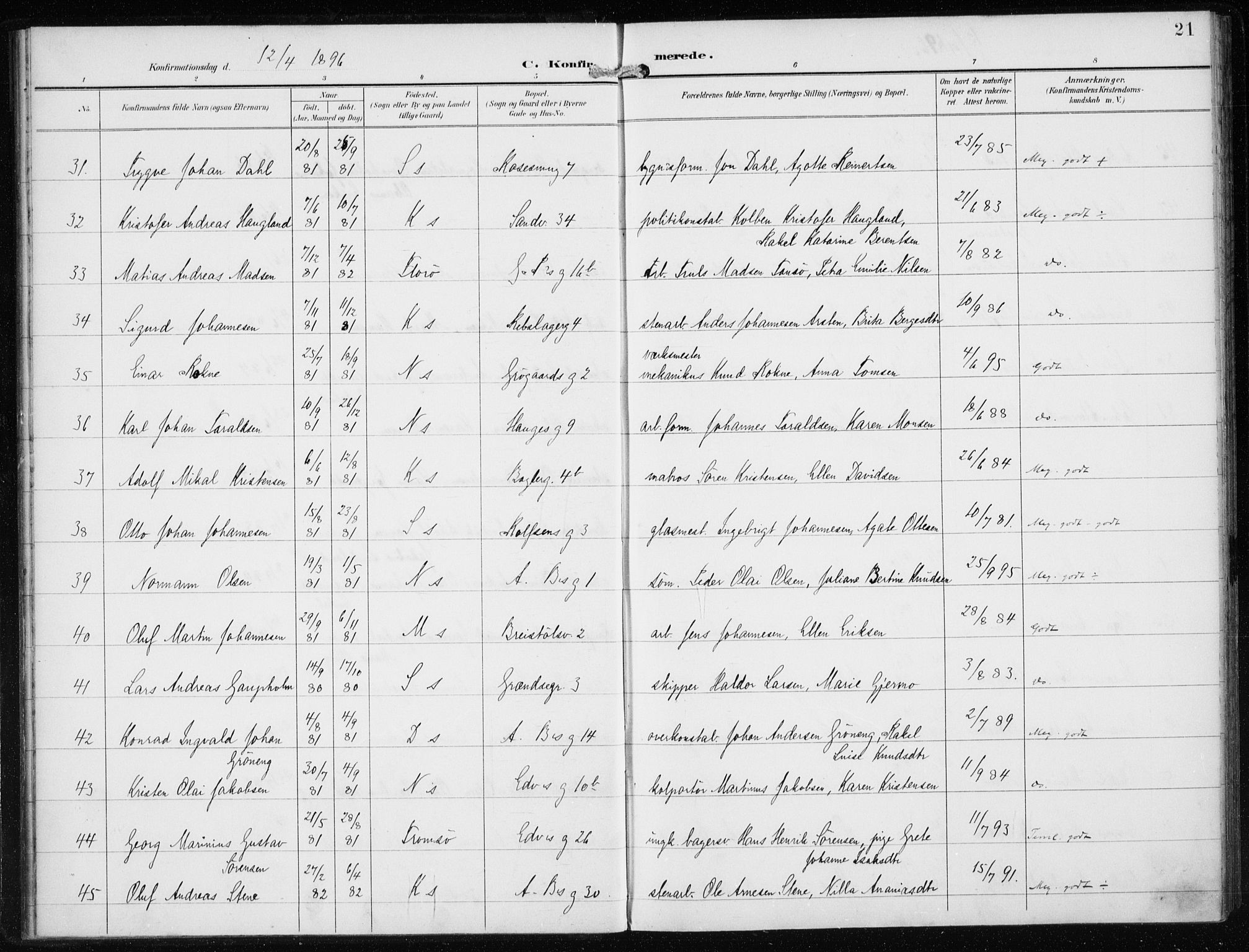 Sandviken Sokneprestembete, AV/SAB-A-77601/H/Ha/L0010: Parish register (official) no. C 1, 1895-1905, p. 21