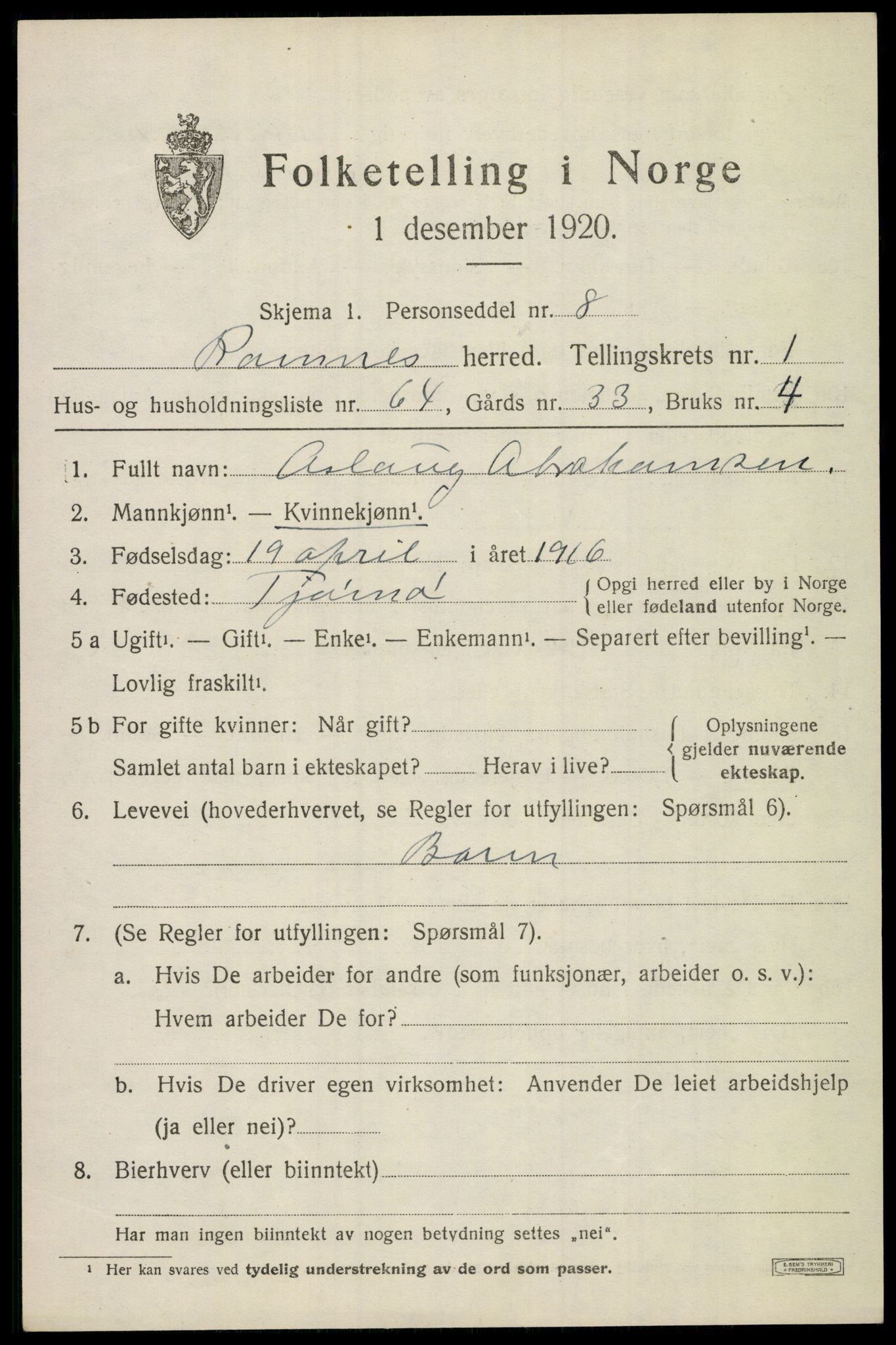 SAKO, 1920 census for Ramnes, 1920, p. 1934