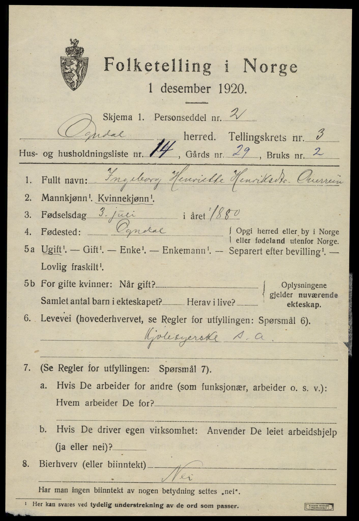 SAT, 1920 census for Ogndal, 1920, p. 1367