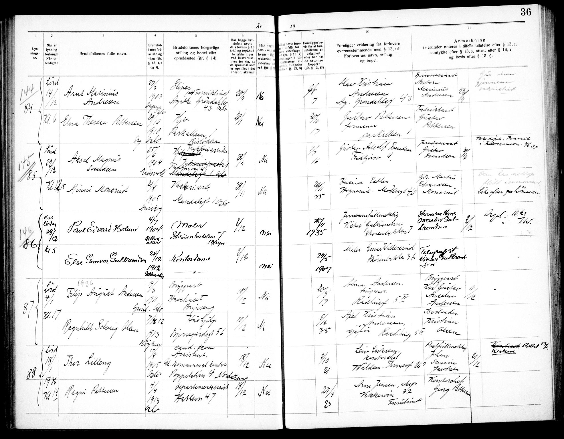 Østre Aker prestekontor Kirkebøker, SAO/A-10840/H/Ha/L0008: Banns register no. I 8, 1933-1939, p. 36