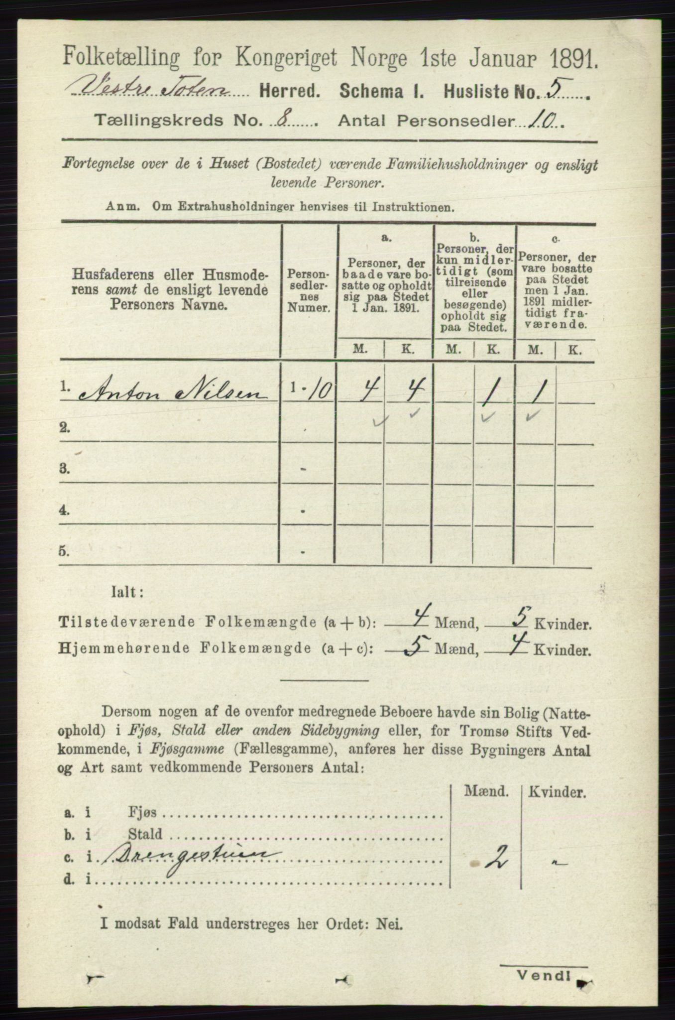 RA, 1891 census for 0529 Vestre Toten, 1891, p. 4919