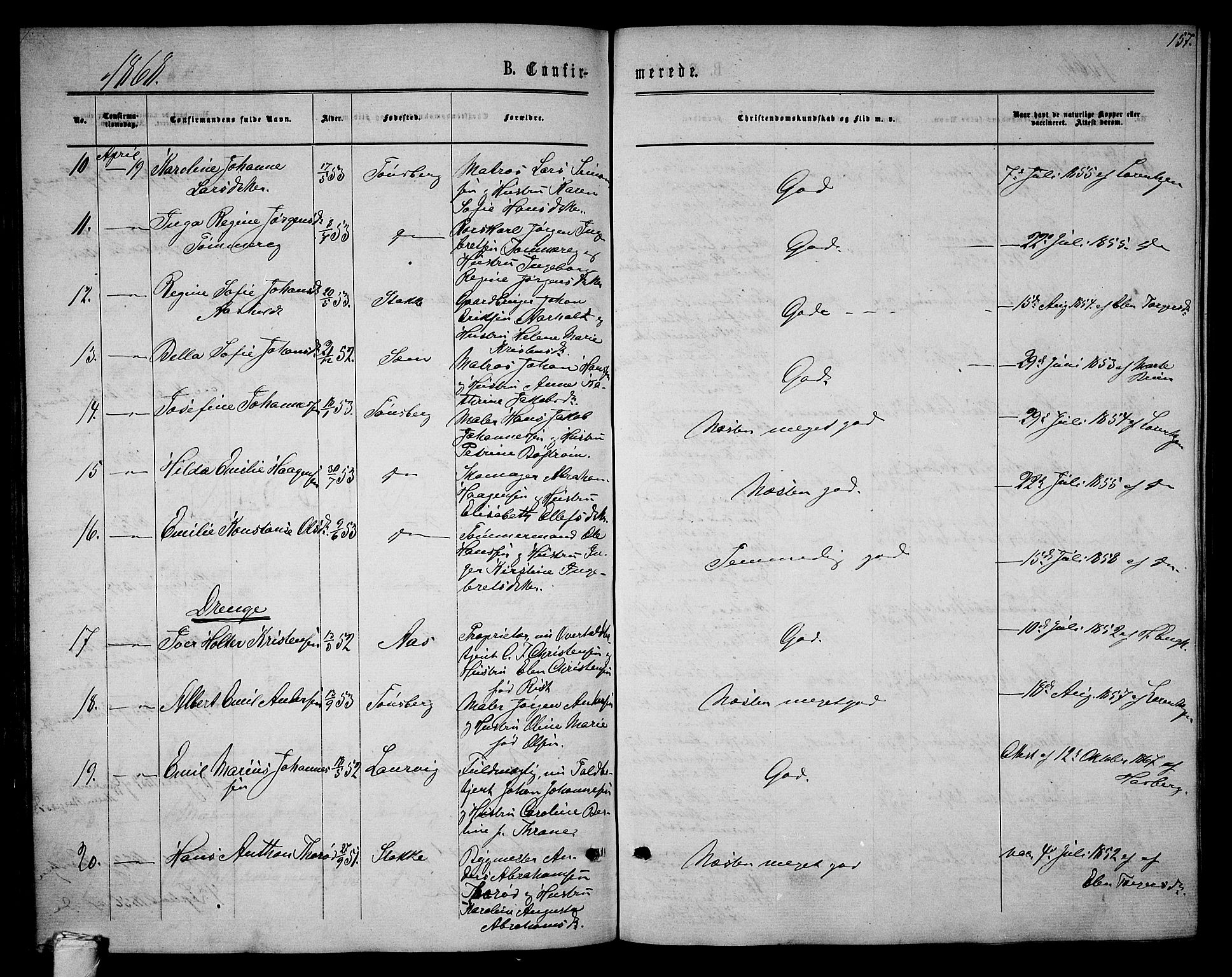 Tønsberg kirkebøker, SAKO/A-330/G/Ga/L0004: Parish register (copy) no. 4, 1865-1874, p. 157