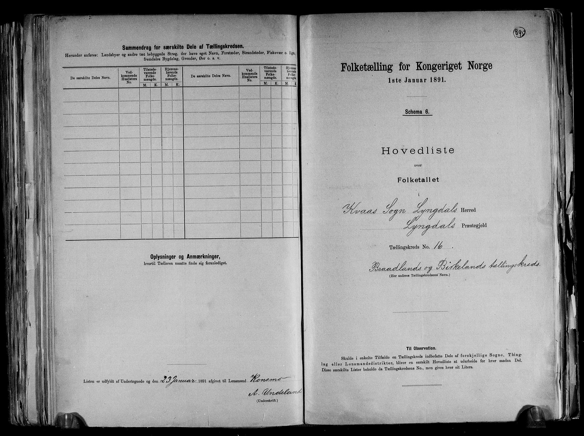 RA, 1891 census for 1032 Lyngdal, 1891, p. 37