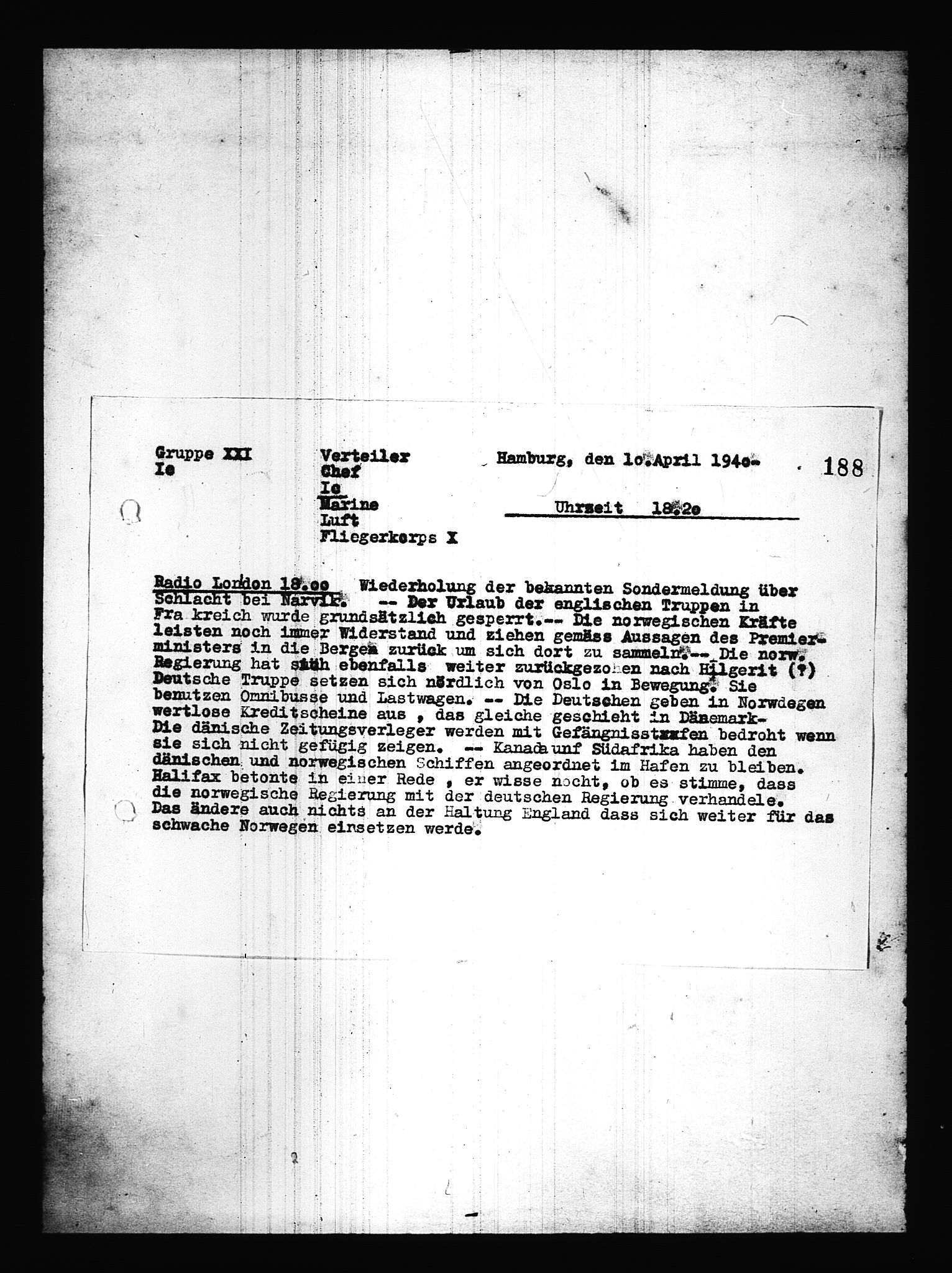 Documents Section, AV/RA-RAFA-2200/V/L0085: Amerikansk mikrofilm "Captured German Documents".
Box No. 724.  FKA jnr. 615/1954., 1940-1941, p. 74