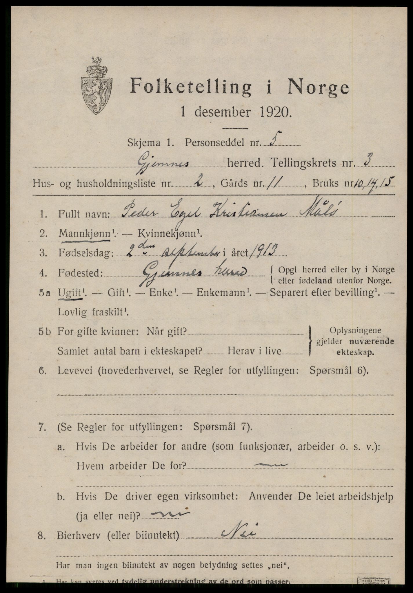 SAT, 1920 census for Gjemnes, 1920, p. 1216