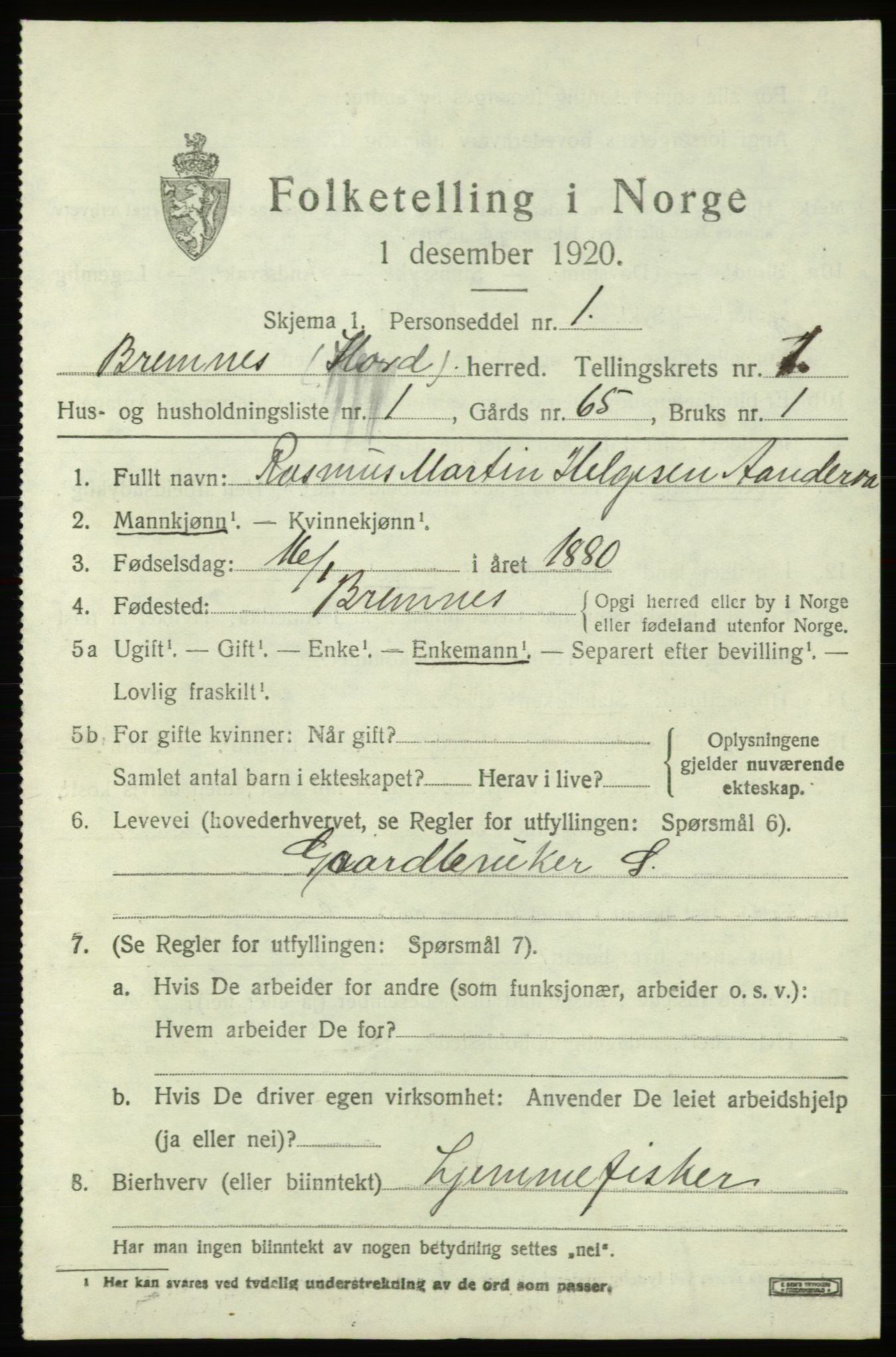 SAB, 1920 census for Bremnes, 1920, p. 1092