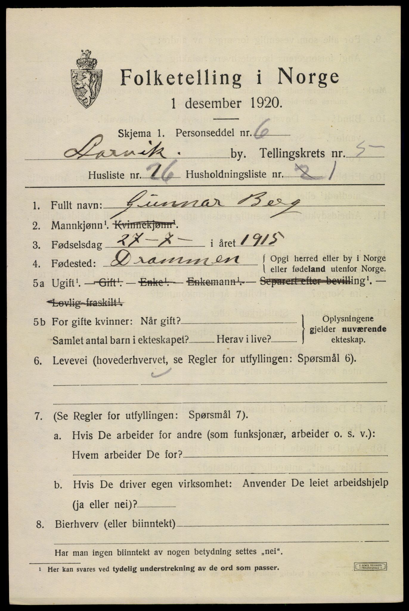 SAKO, 1920 census for Larvik, 1920, p. 16536