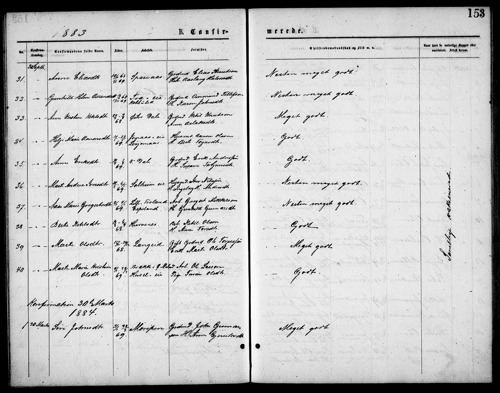 Froland sokneprestkontor, SAK/1111-0013/F/Fb/L0009: Parish register (copy) no. B 9, 1875-1893, p. 153