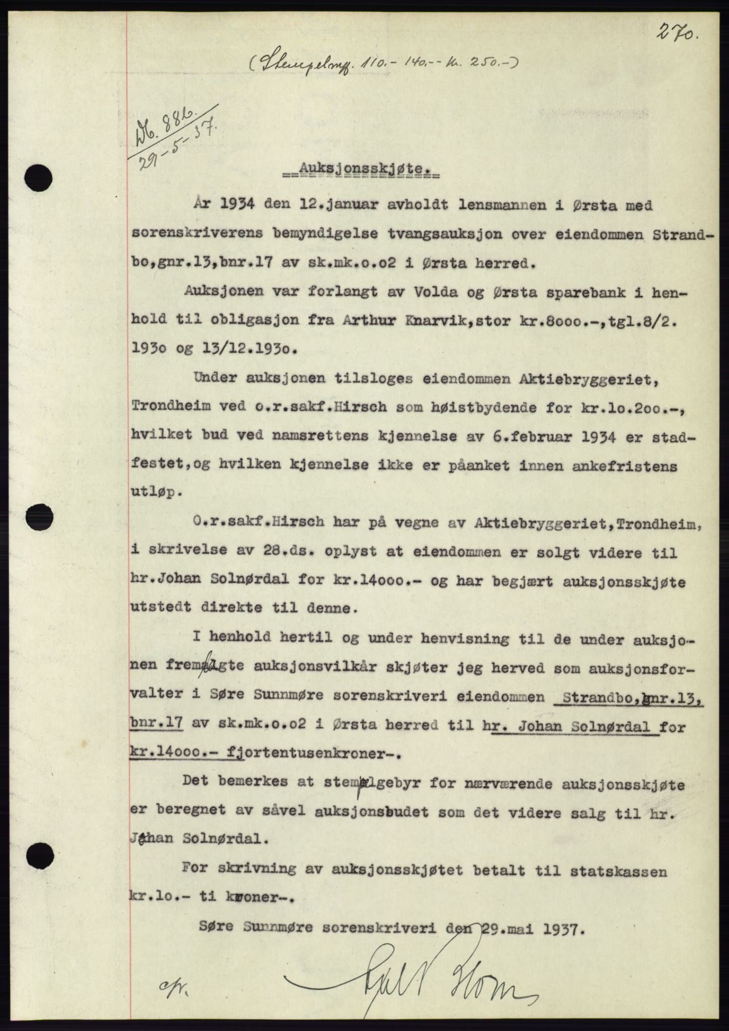 Søre Sunnmøre sorenskriveri, AV/SAT-A-4122/1/2/2C/L0063: Mortgage book no. 57, 1937-1937, Diary no: : 886/1937