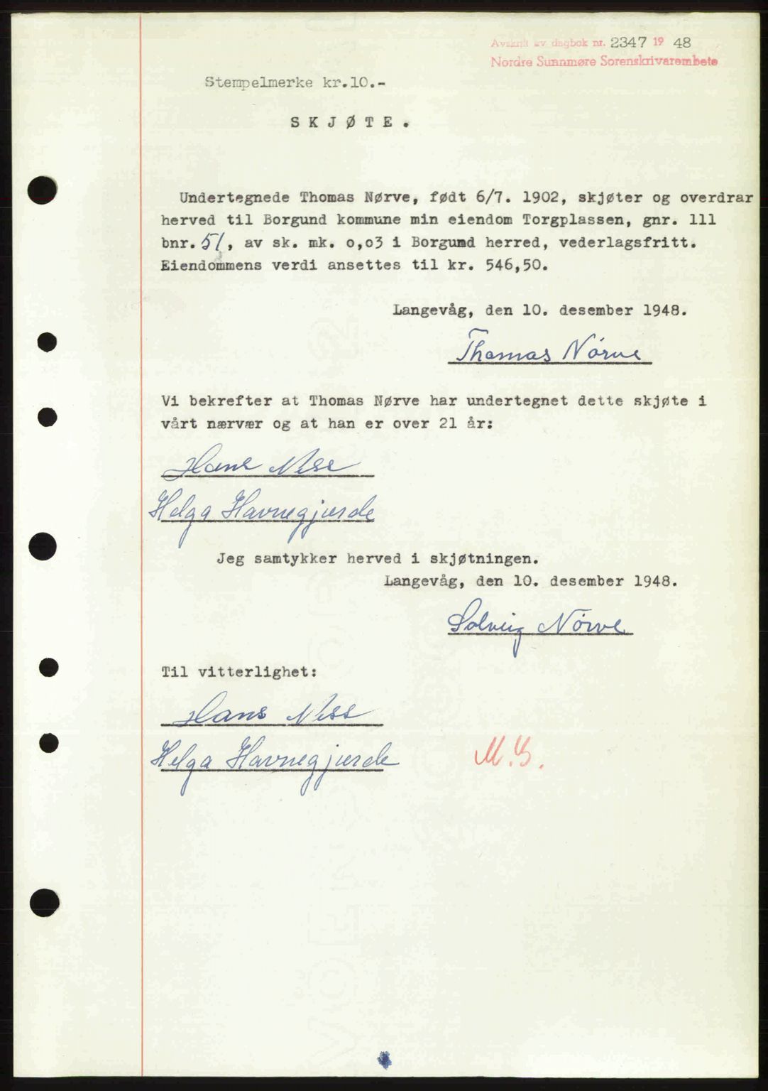 Nordre Sunnmøre sorenskriveri, AV/SAT-A-0006/1/2/2C/2Ca: Mortgage book no. A29, 1948-1949, Diary no: : 2347/1948