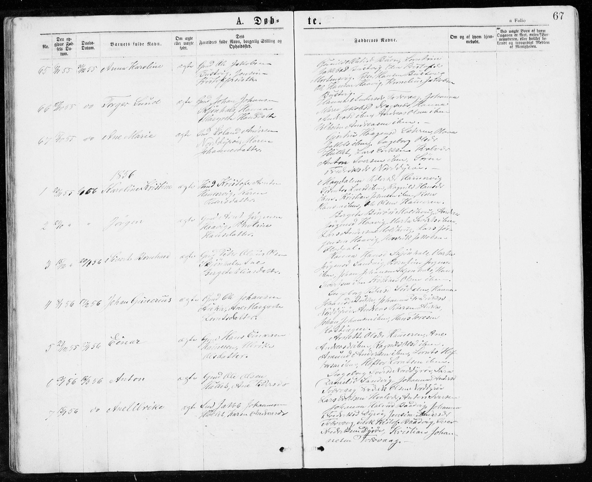 Ministerialprotokoller, klokkerbøker og fødselsregistre - Sør-Trøndelag, AV/SAT-A-1456/640/L0576: Parish register (official) no. 640A01, 1846-1876, p. 67