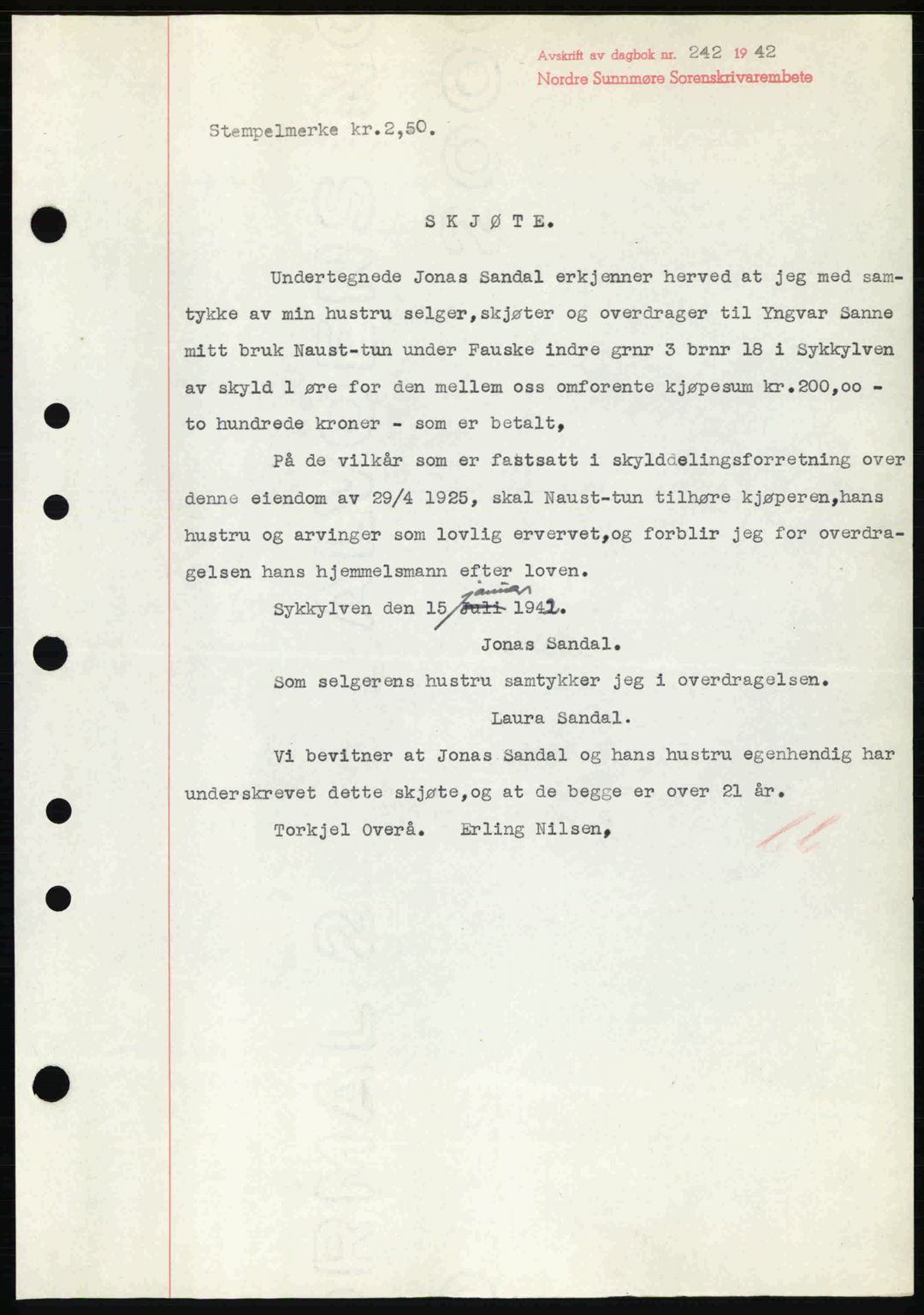 Nordre Sunnmøre sorenskriveri, AV/SAT-A-0006/1/2/2C/2Ca: Mortgage book no. A13, 1942-1942, Diary no: : 242/1942