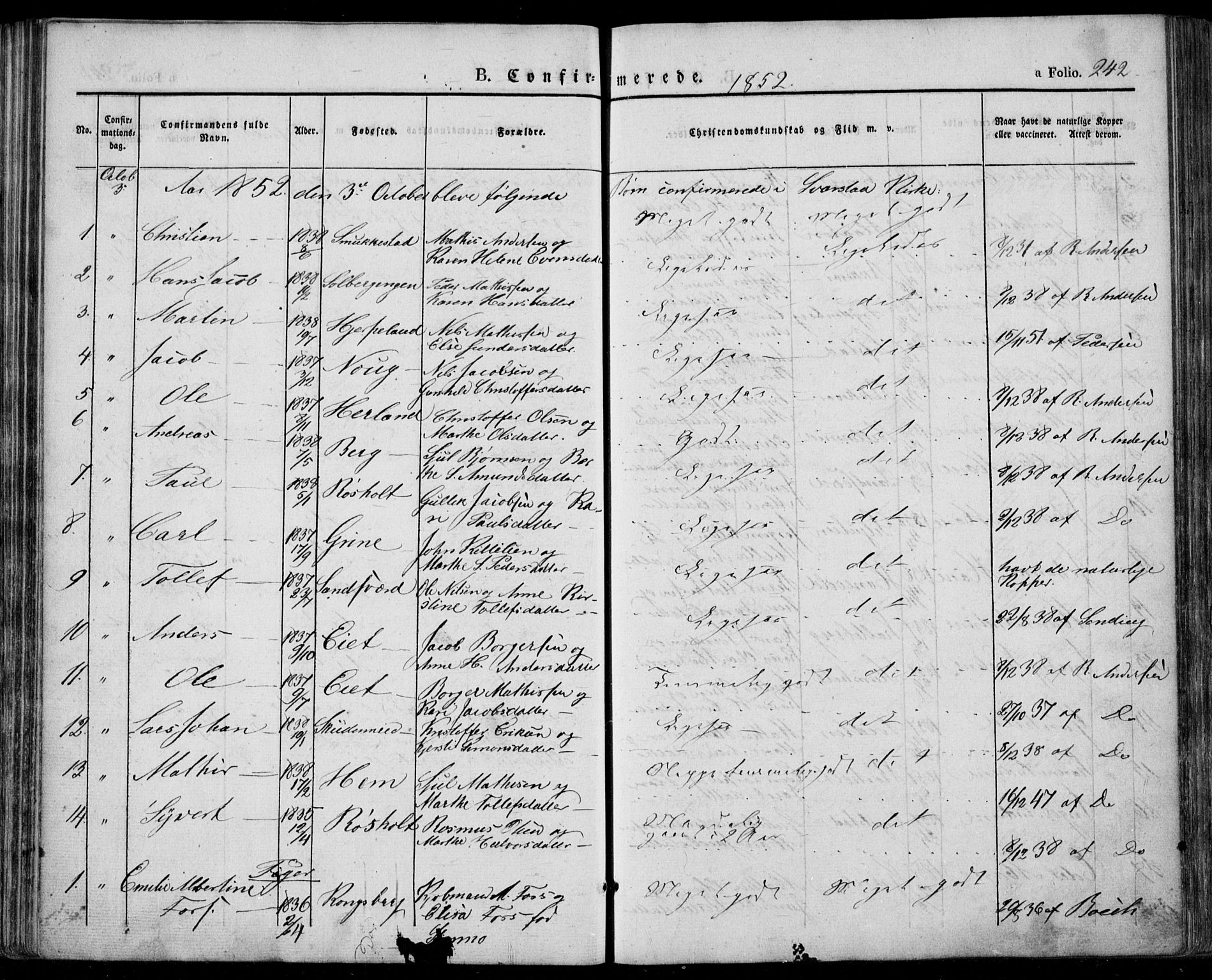 Lardal kirkebøker, SAKO/A-350/F/Fa/L0006: Parish register (official) no. I 6, 1835-1860, p. 242