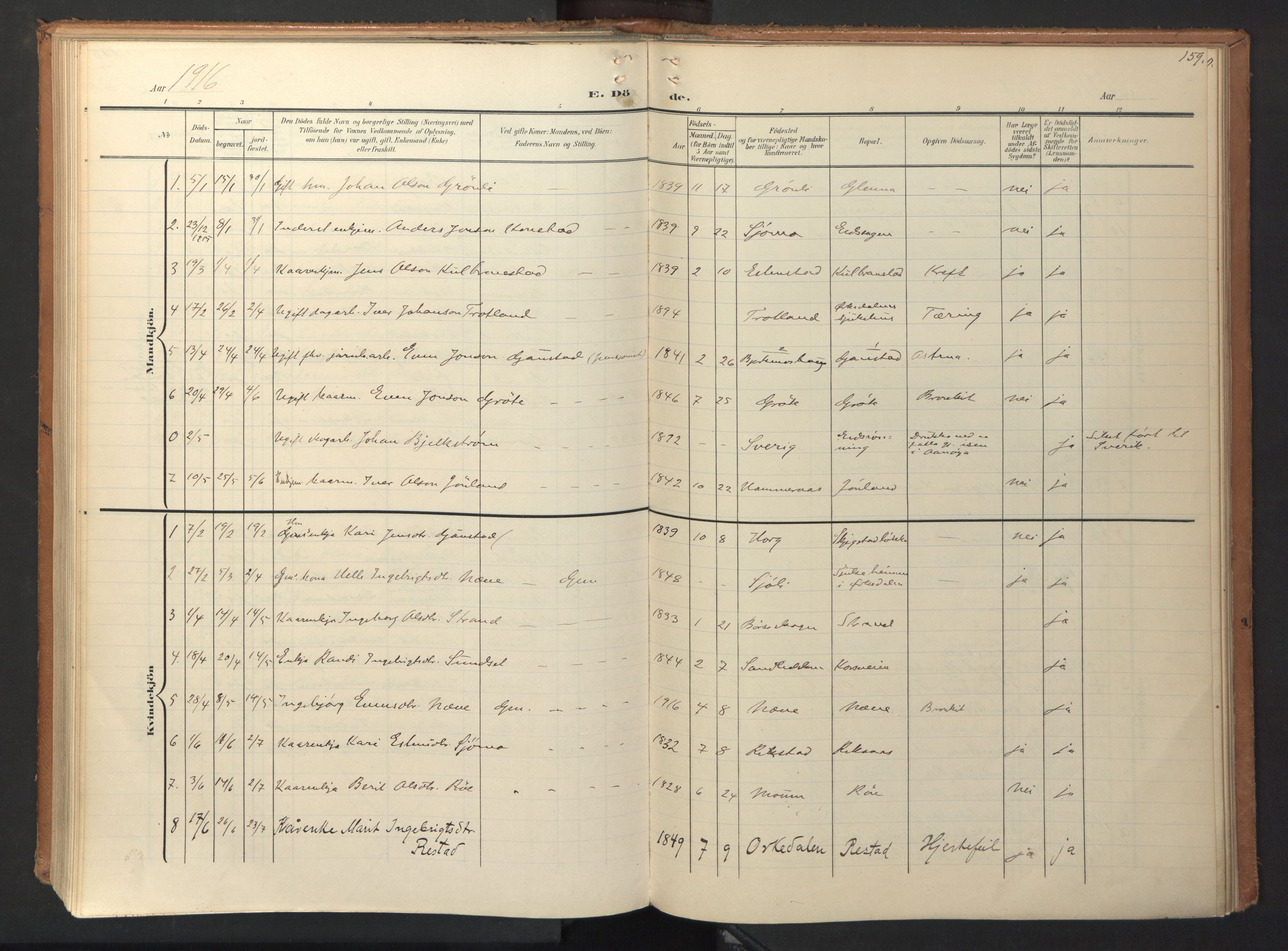 Ministerialprotokoller, klokkerbøker og fødselsregistre - Sør-Trøndelag, SAT/A-1456/694/L1128: Parish register (official) no. 694A02, 1906-1931, p. 159