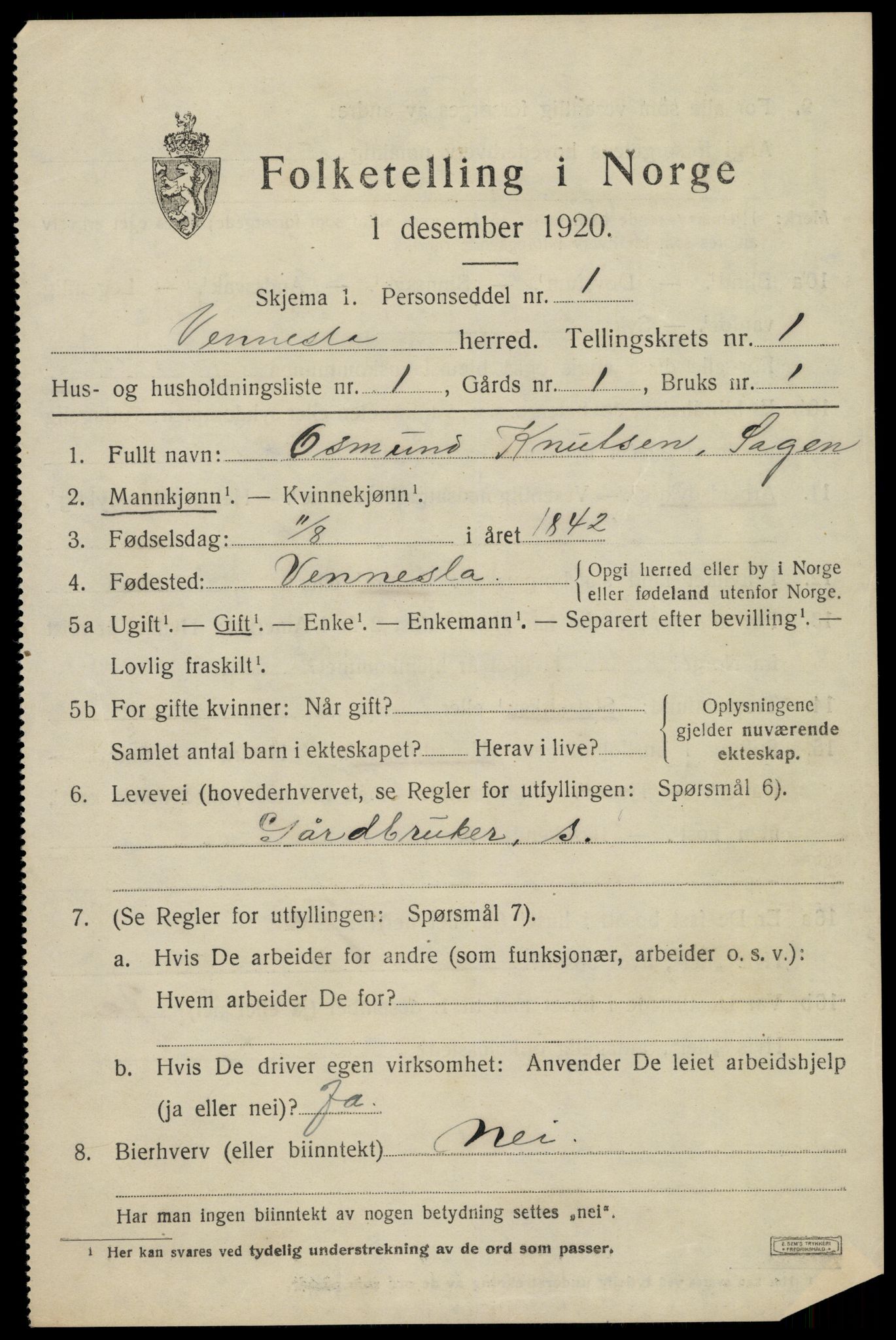 SAK, 1920 census for Vennesla, 1920, p. 940