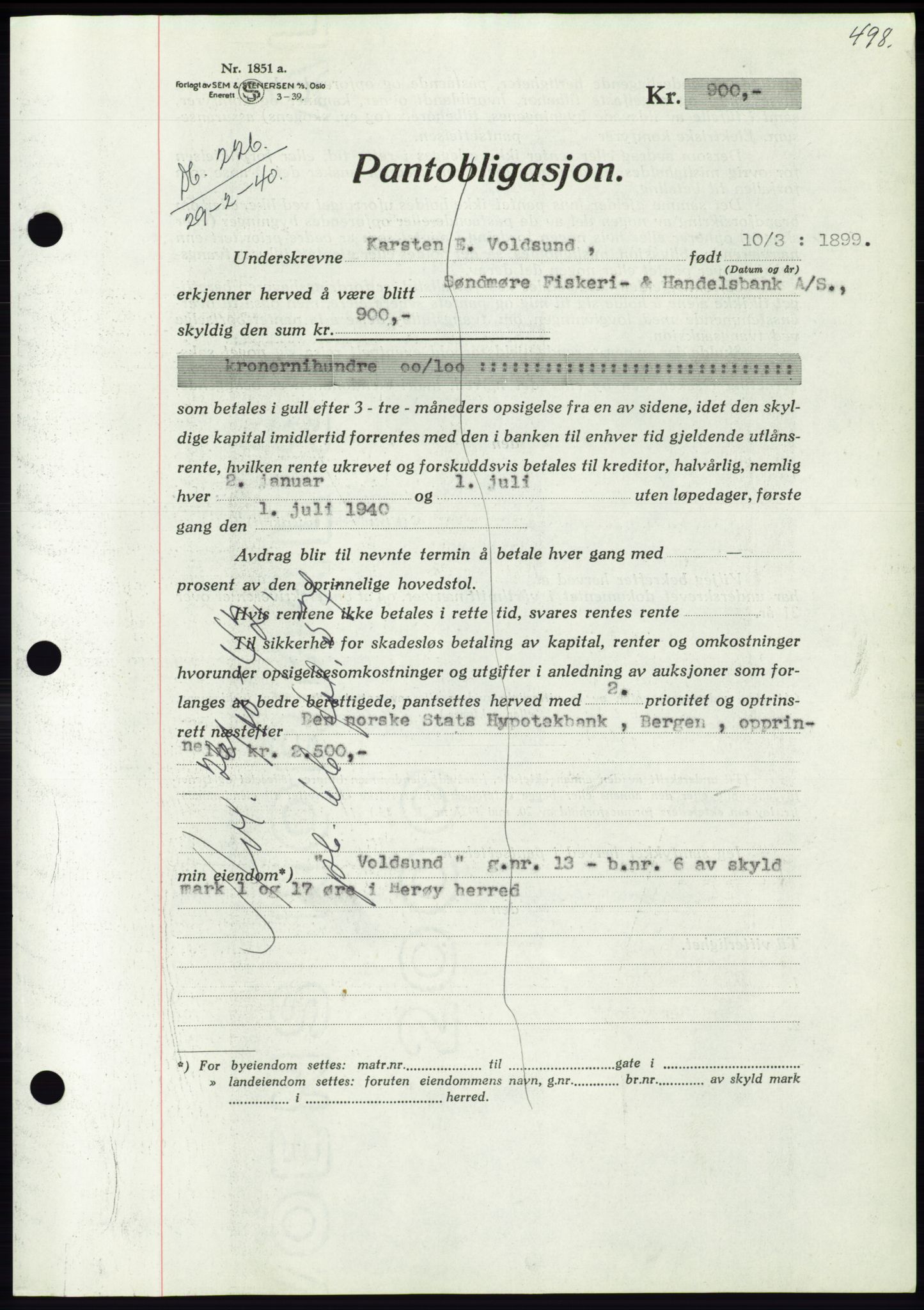 Søre Sunnmøre sorenskriveri, AV/SAT-A-4122/1/2/2C/L0069: Mortgage book no. 63, 1939-1940, Diary no: : 226/1940