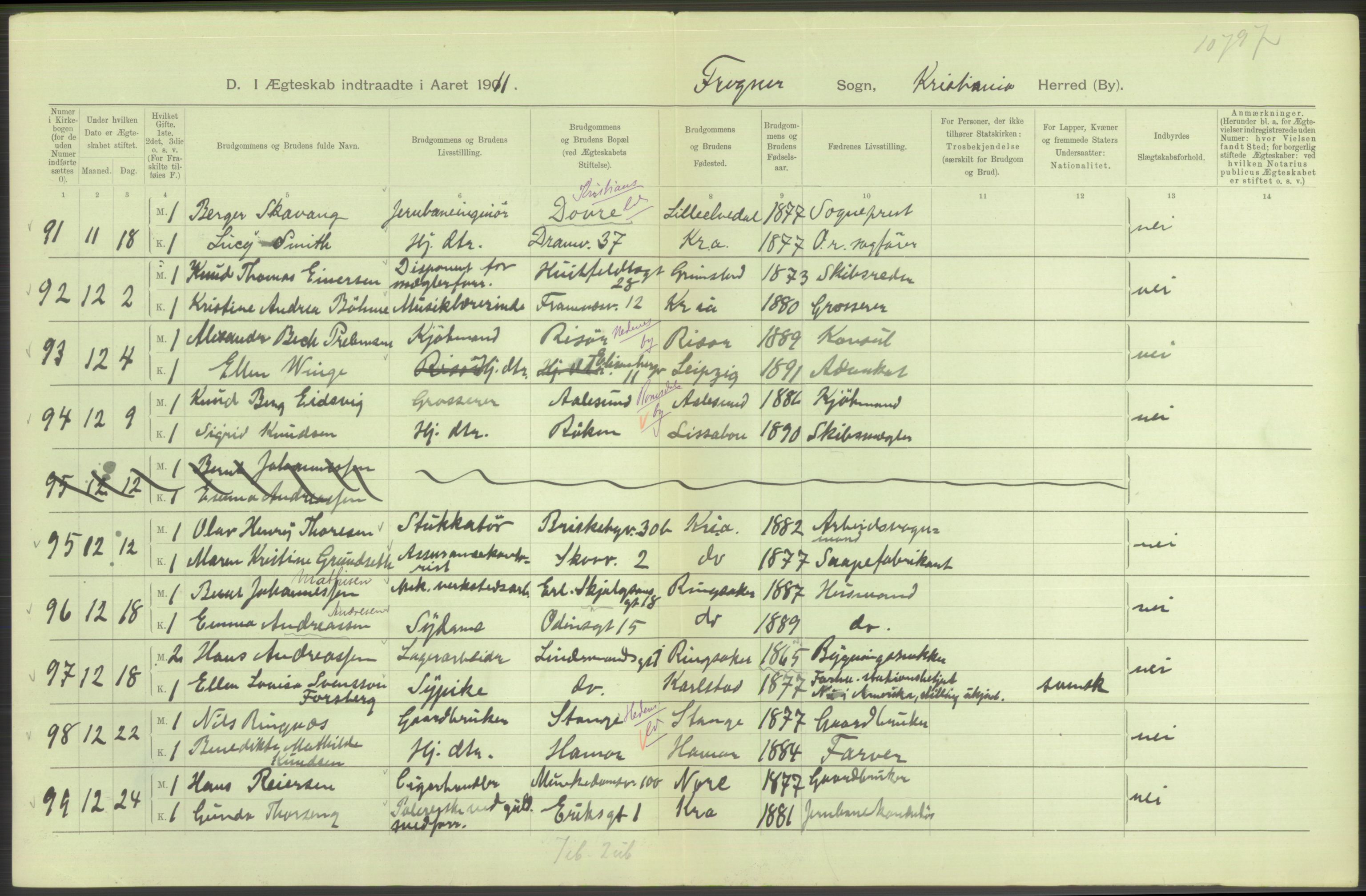 Statistisk sentralbyrå, Sosiodemografiske emner, Befolkning, AV/RA-S-2228/D/Df/Dfb/Dfba/L0008: Kristiania: Gifte, 1911, p. 372