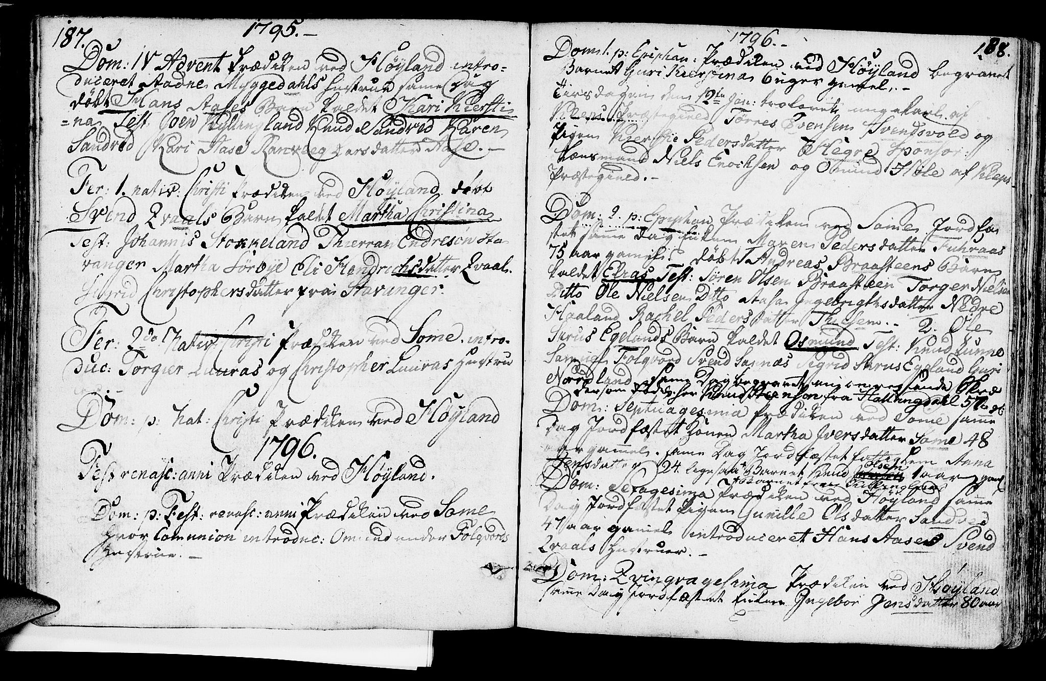 Høyland sokneprestkontor, SAST/A-101799/001/30BA/L0004: Parish register (official) no. A 4, 1784-1803, p. 187-188