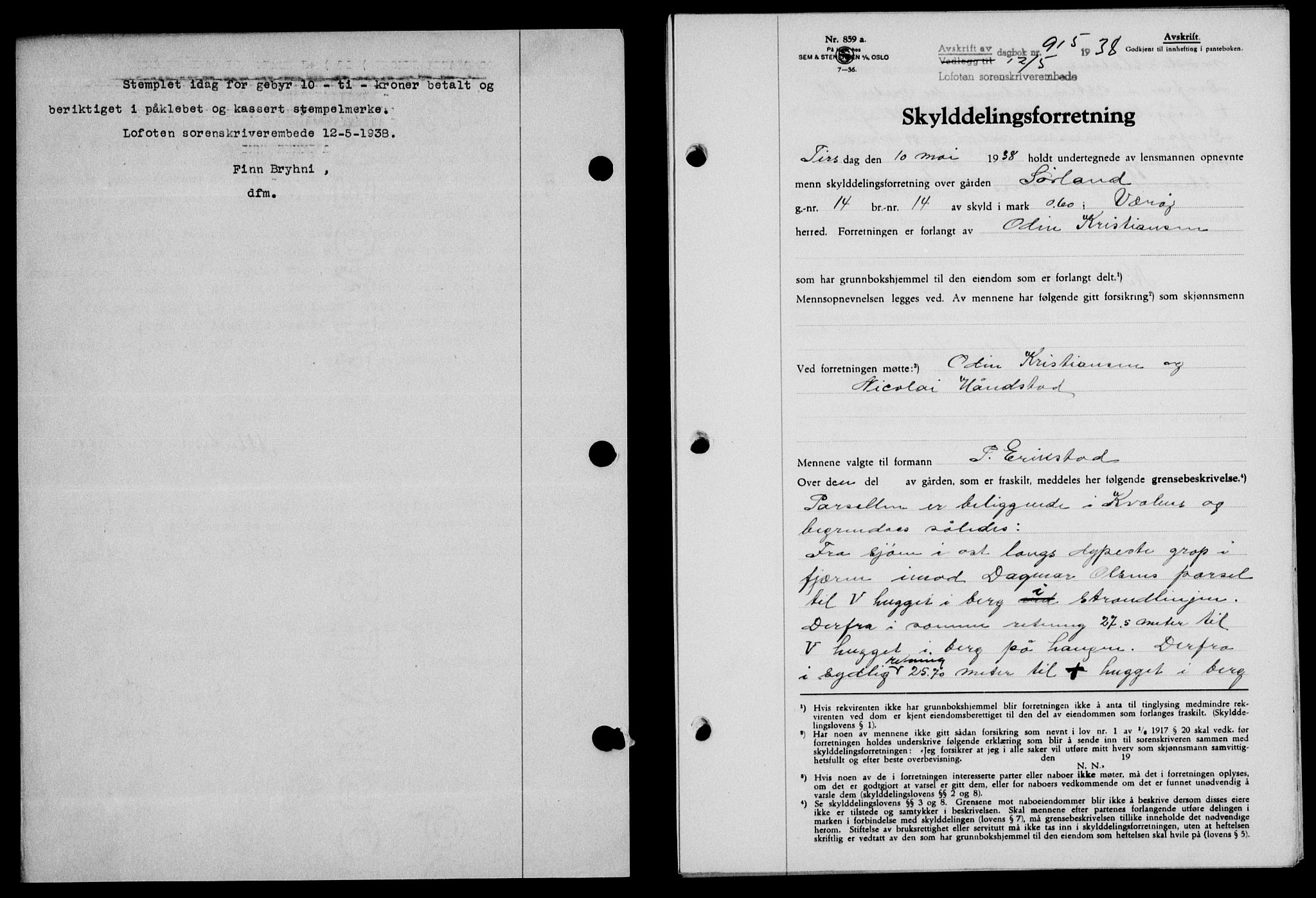 Lofoten sorenskriveri, SAT/A-0017/1/2/2C/L0004a: Mortgage book no. 4a, 1938-1938, Diary no: : 915/1938