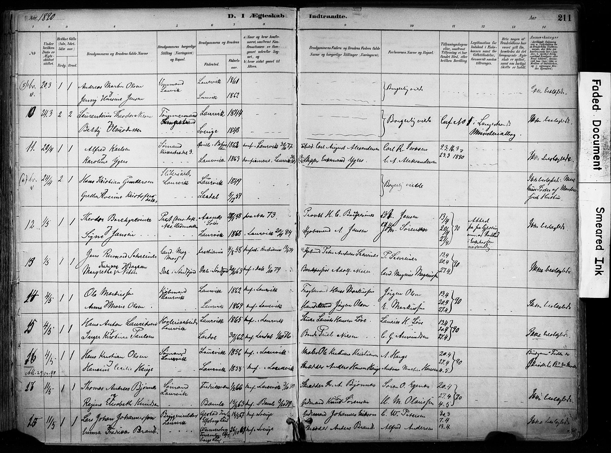 Larvik kirkebøker, AV/SAKO-A-352/F/Fa/L0008: Parish register (official) no. I 8, 1884-1902, p. 211