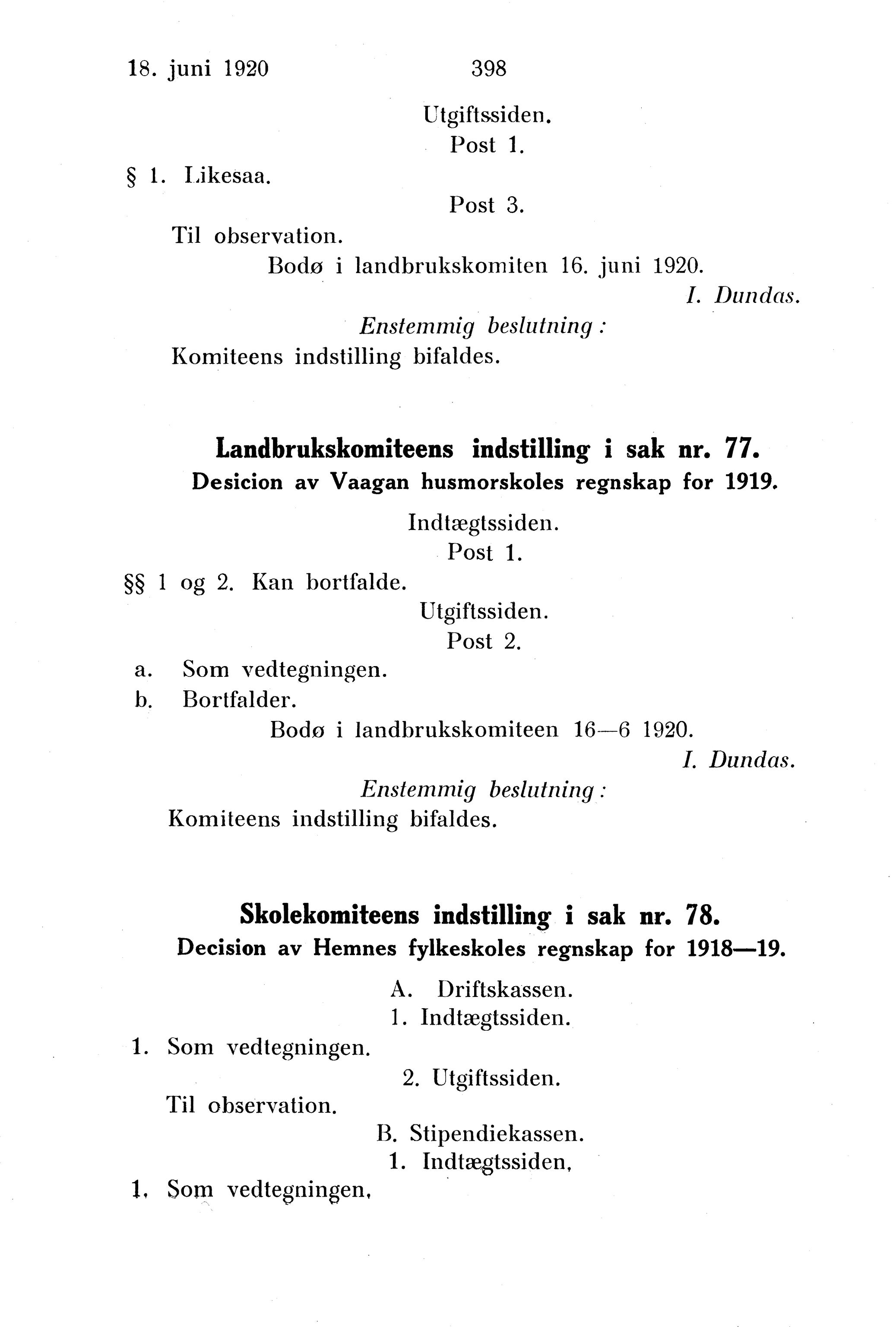 Nordland Fylkeskommune. Fylkestinget, AIN/NFK-17/176/A/Ac/L0043: Fylkestingsforhandlinger 1920, 1920