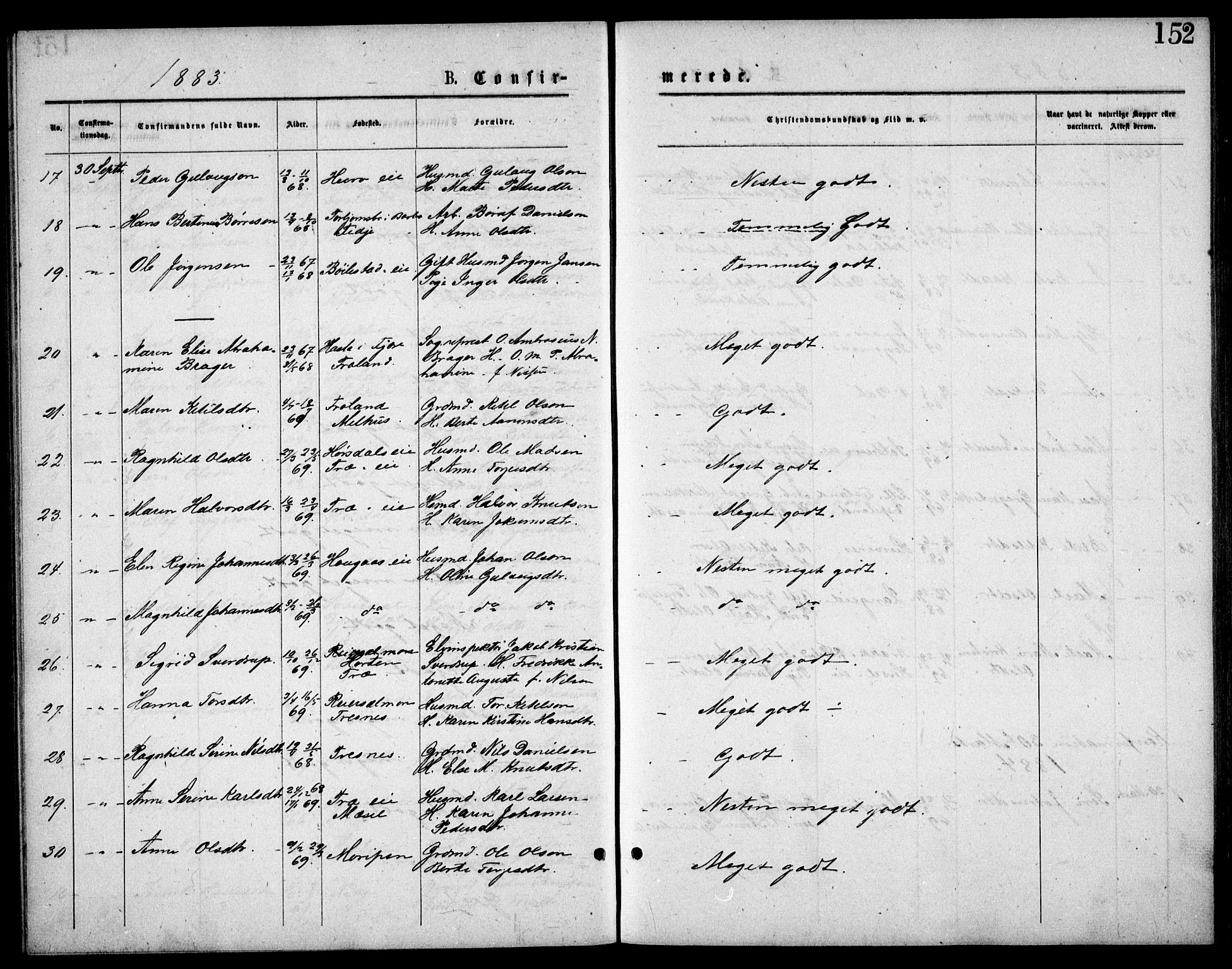 Froland sokneprestkontor, SAK/1111-0013/F/Fb/L0009: Parish register (copy) no. B 9, 1875-1893, p. 152