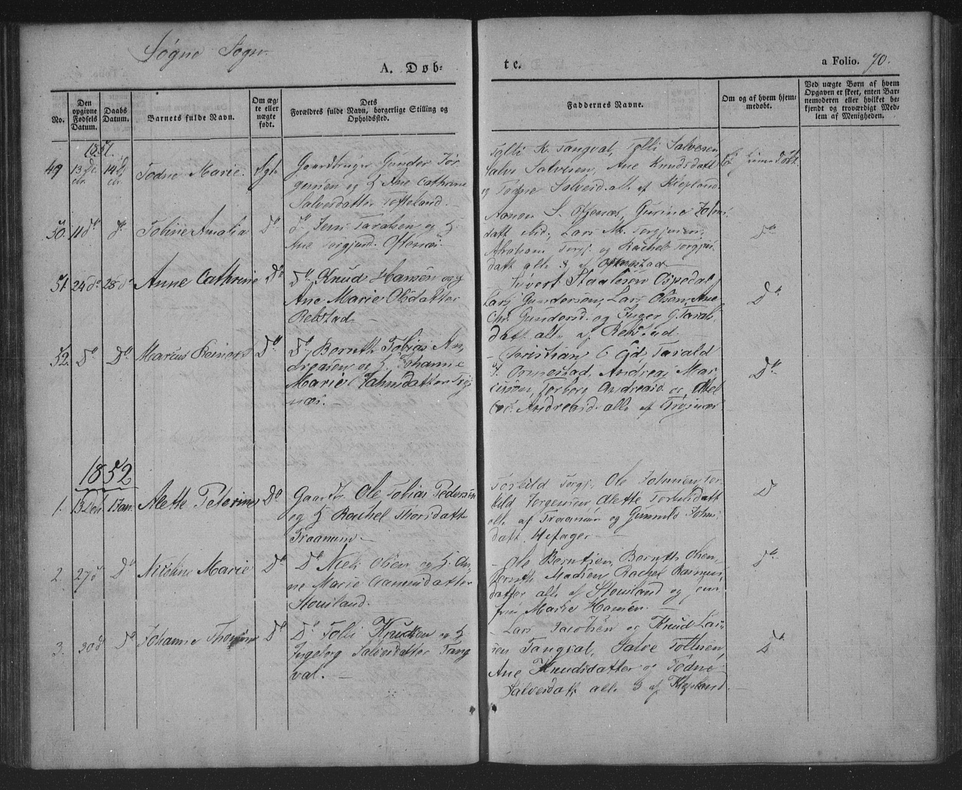 Søgne sokneprestkontor, AV/SAK-1111-0037/F/Fa/Fab/L0009: Parish register (official) no. A 9, 1838-1853, p. 70