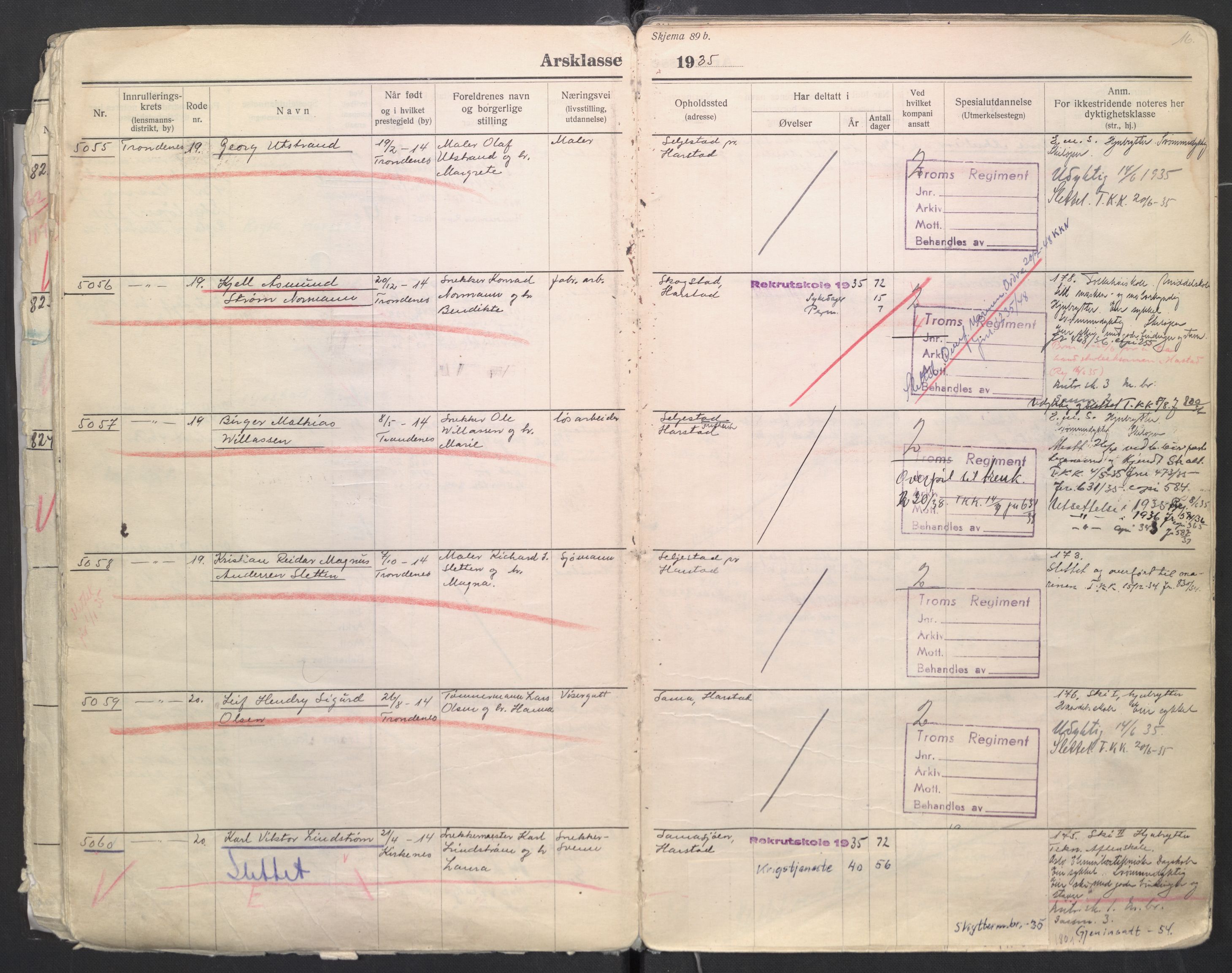 Forsvaret, Troms infanteriregiment nr. 16, AV/RA-RAFA-3146/P/Pa/L0006/0008: Ruller / Rulle for regimentets menige mannskaper, årsklasse 1935, 1935, p. 16
