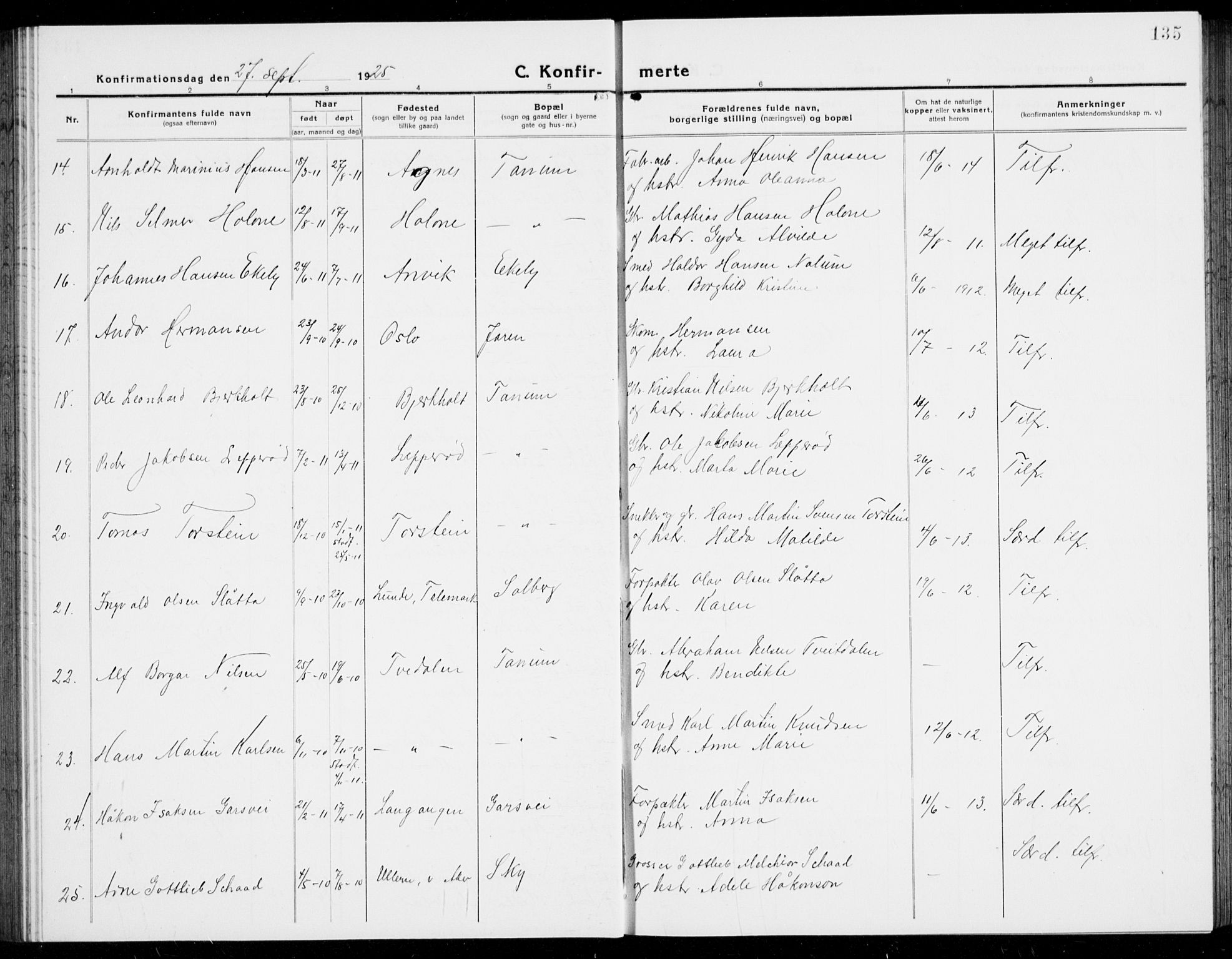 Brunlanes kirkebøker, AV/SAKO-A-342/G/Ga/L0005: Parish register (copy) no. I 5, 1918-1941, p. 135