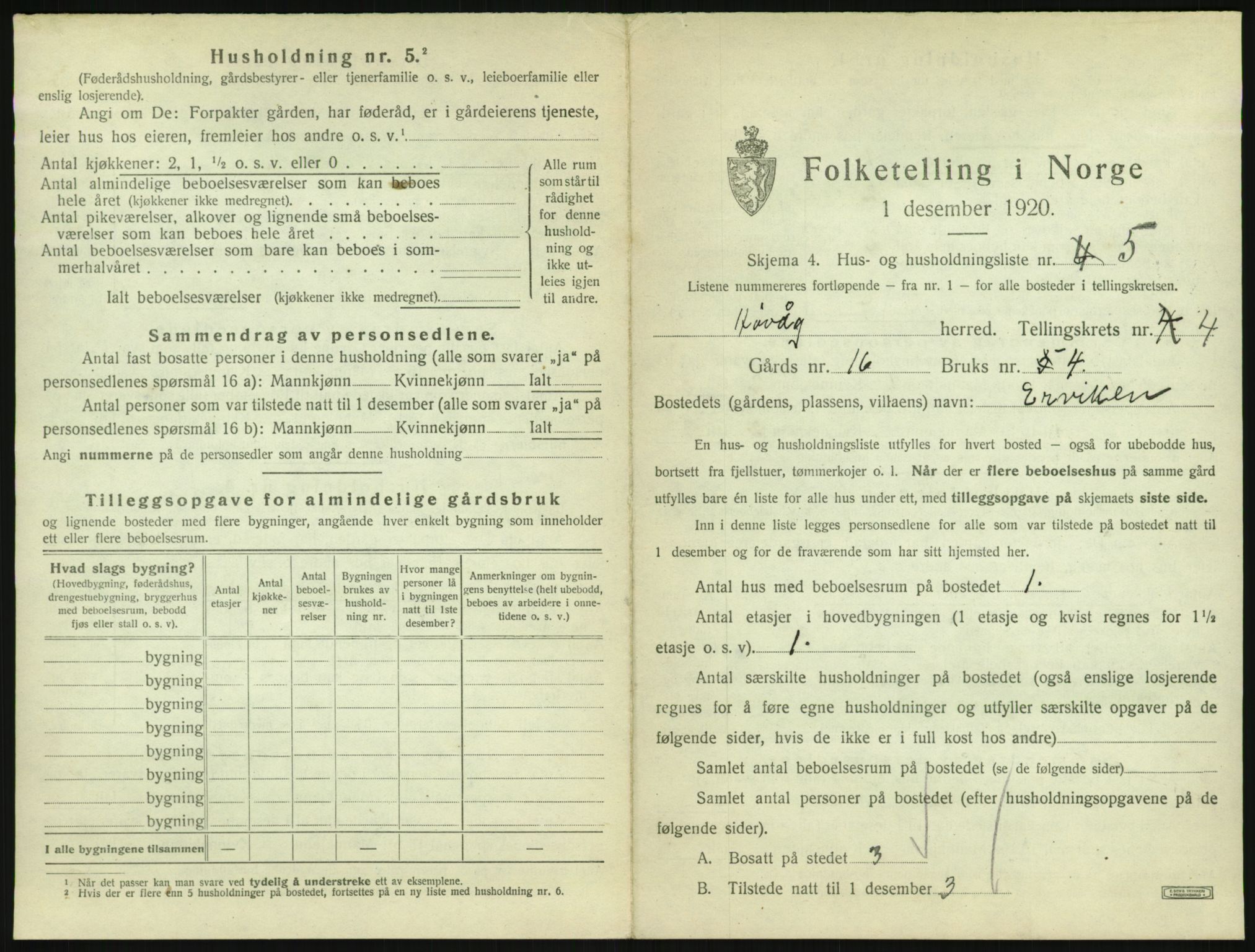 SAK, 1920 census for Høvåg, 1920, p. 326