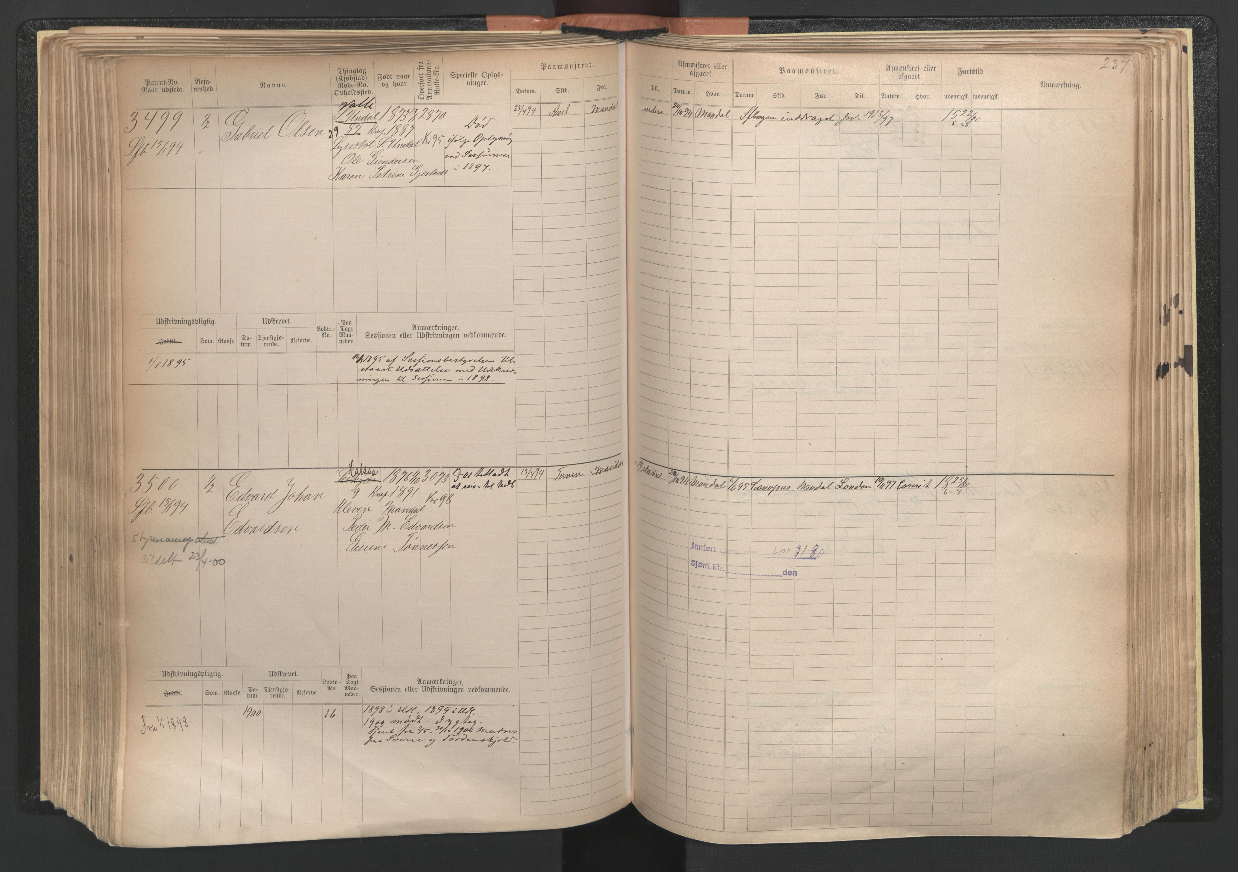 Mandal mønstringskrets, SAK/2031-0016/F/Fb/L0005: Hovedrulle nr 3033-3794, L-10, 1888-1940, p. 239