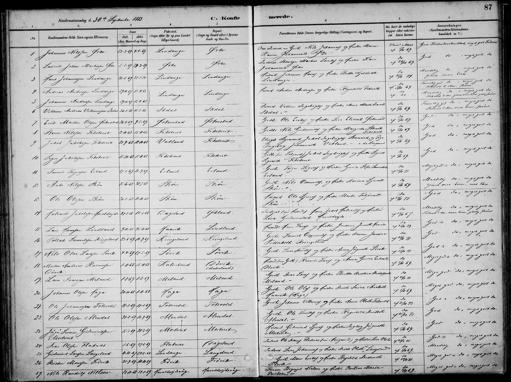 Skjold sokneprestkontor, SAST/A-101847/H/Ha/Haa/L0010: Parish register (official) no. A 10, 1882-1897, p. 87