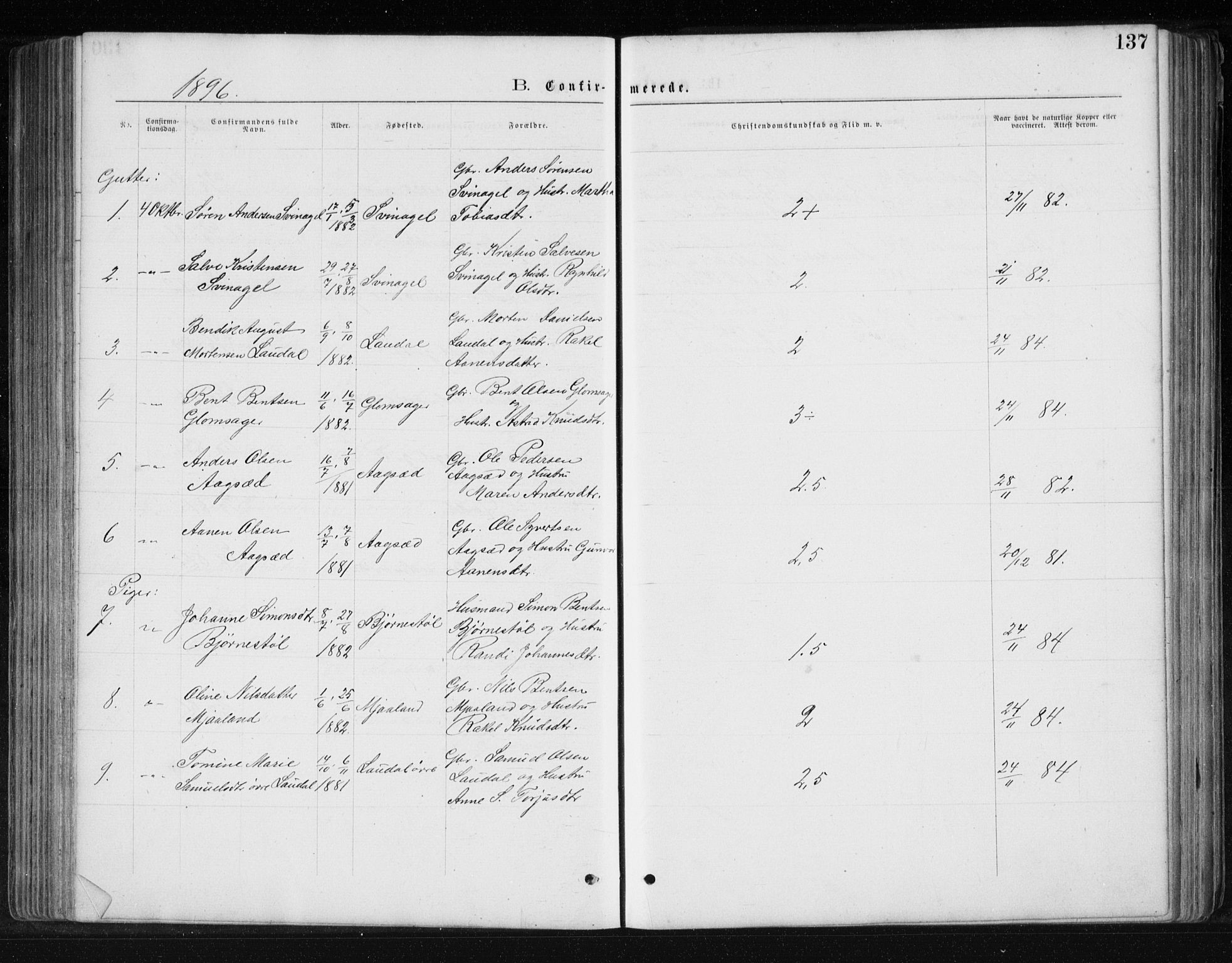Holum sokneprestkontor, SAK/1111-0022/F/Fb/Fbb/L0003: Parish register (copy) no. B 3, 1875-1898, p. 137