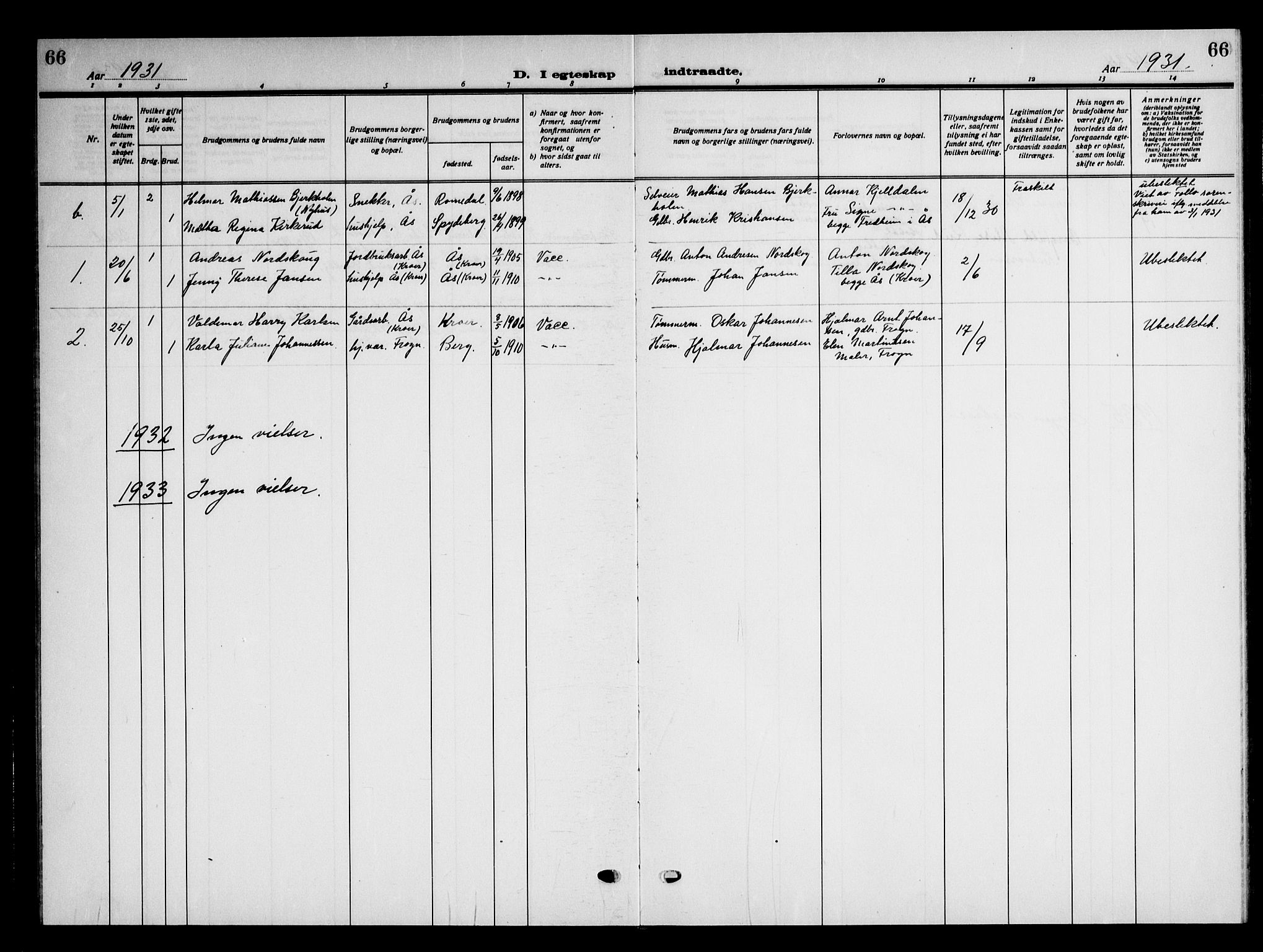 Ås prestekontor Kirkebøker, AV/SAO-A-10894/G/Gc/L0002: Parish register (copy) no. III 2, 1925-1951, p. 66