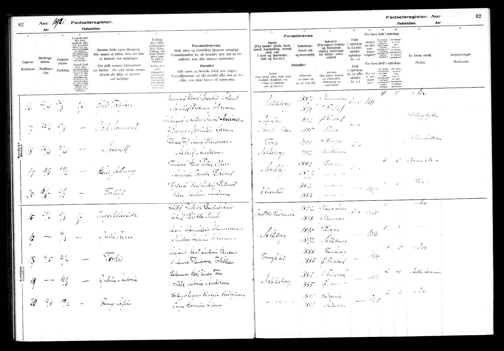 Østre Fredrikstad prestekontor Kirkebøker, AV/SAO-A-10907/J/Ja/L0001: Birth register no. 1, 1916-1936, p. 62