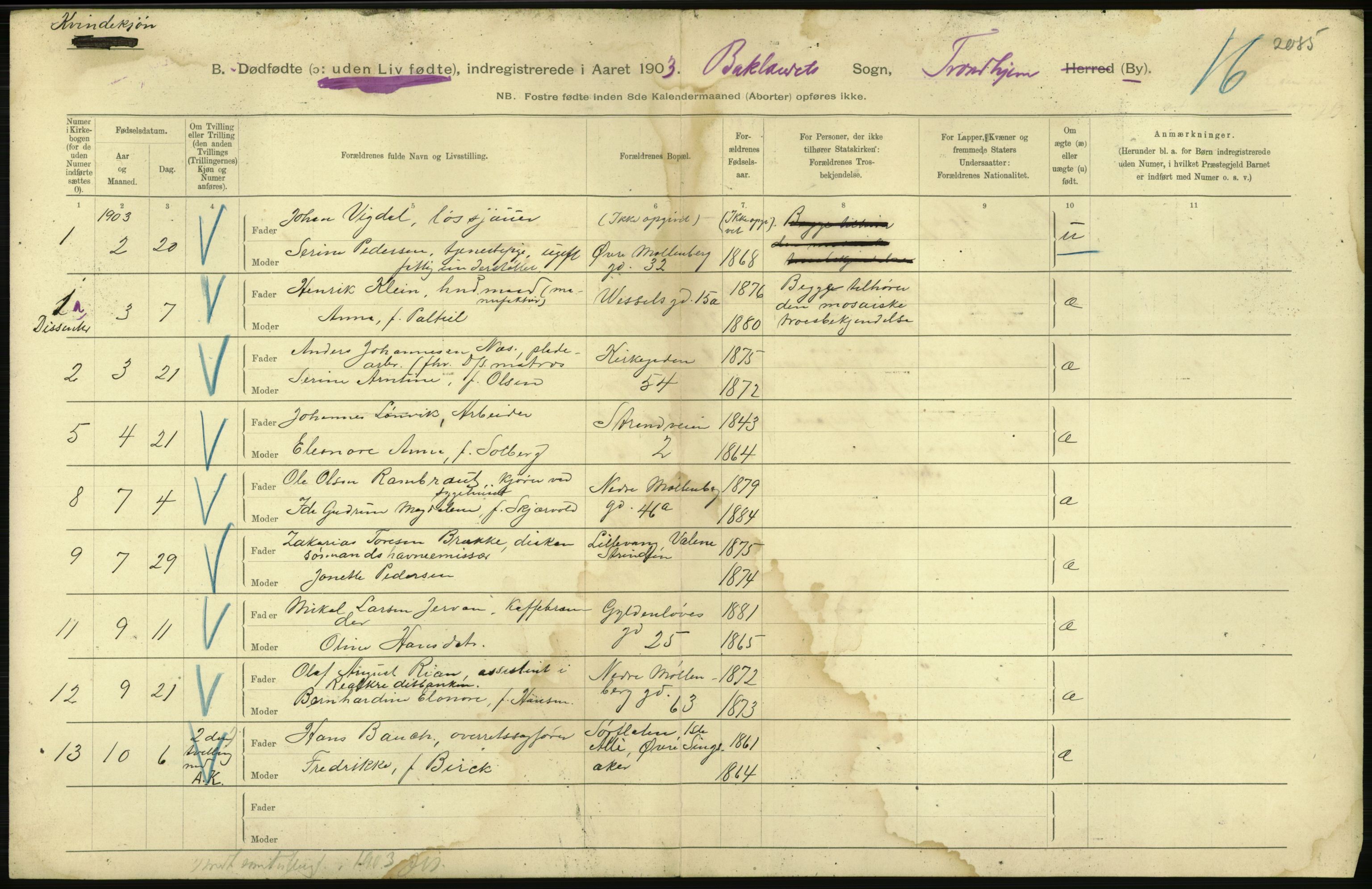 Statistisk sentralbyrå, Sosiodemografiske emner, Befolkning, RA/S-2228/D/Df/Dfa/Dfaa/L0026: Smålenenes - Finnmarkens amt: Dødfødte. Byer., 1903, p. 222